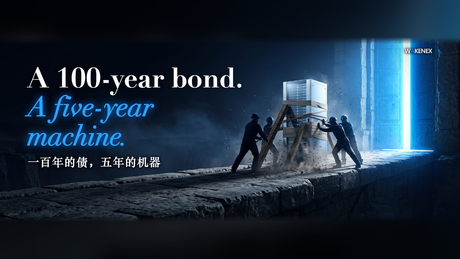 Workers in hard hats brace a server cabinet with straps and timber as it crumbles into dust in the middle of an ancient stone bridge that leads to a gate of blue light.