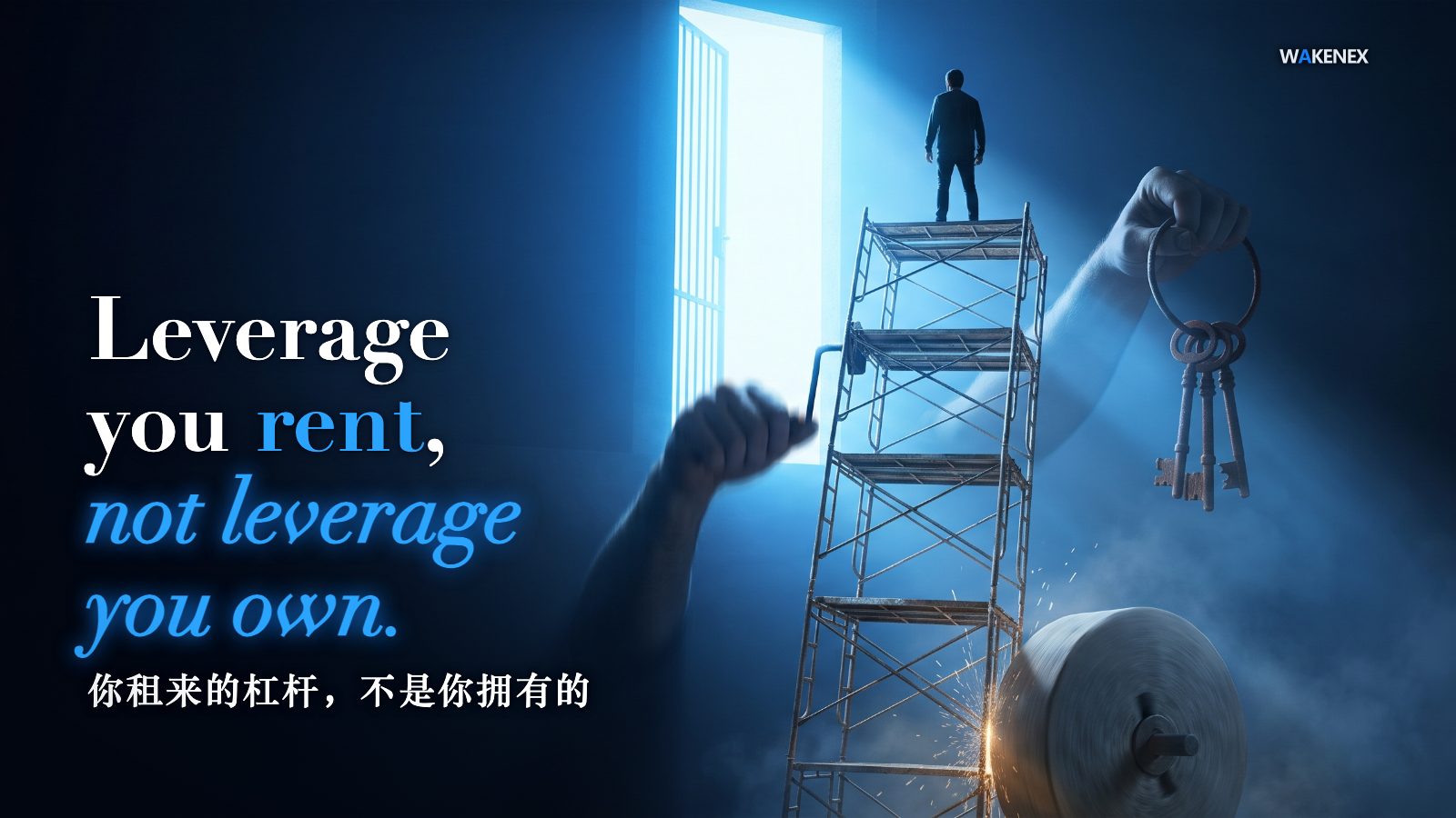 A small figure stands atop a tall rented scaffolding that a giant hand cranks higher for a moment, while the same hand hides a ring of keys and a millstone grinds the base thinner, under a gate of blue light. Text: Leverage you rent, not leverage you own.