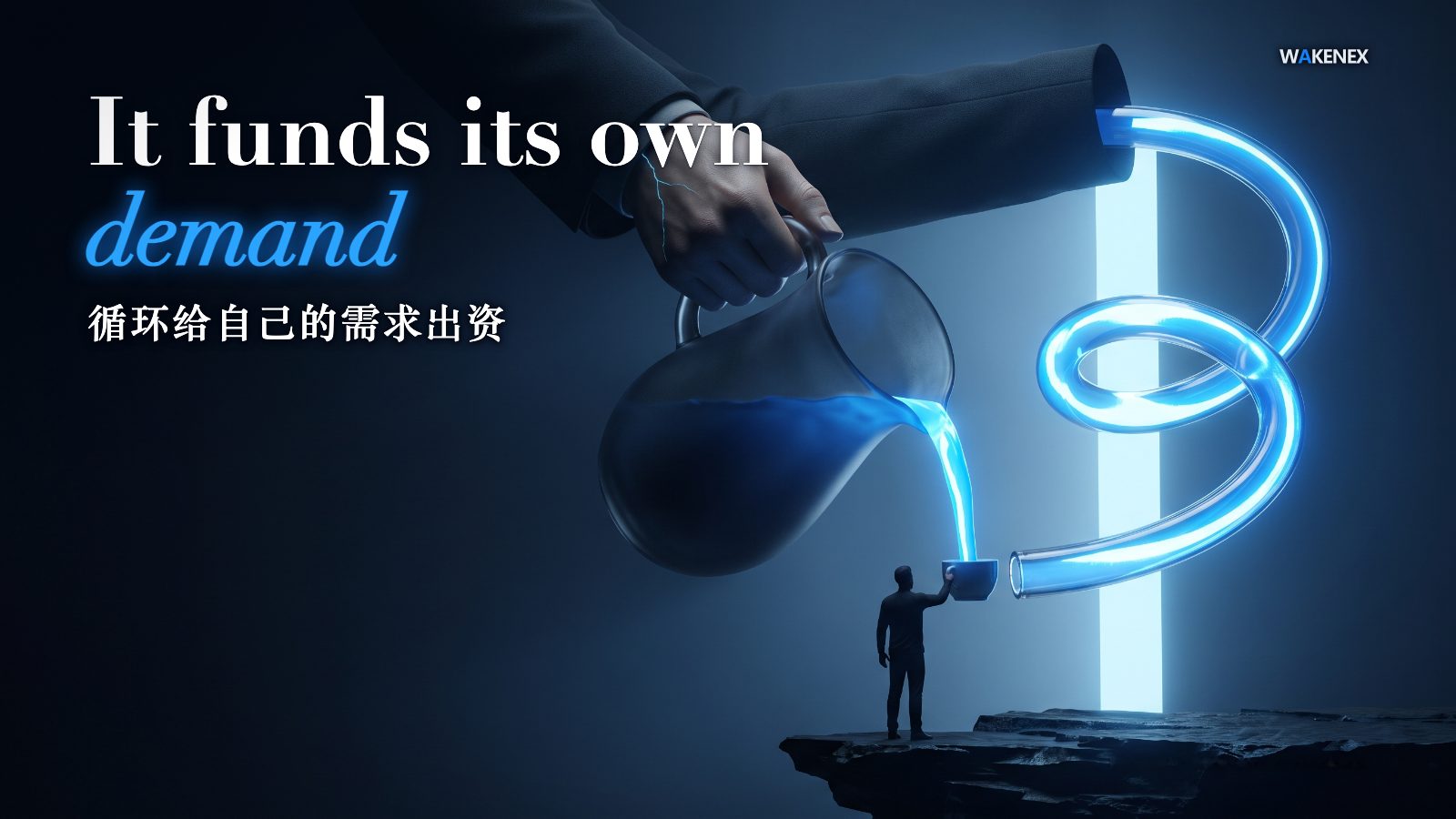 A giant hand tilts a pitcher and pours a glowing blue stream of light into the small cup of a tiny silhouetted person, while a bright blue pipe loops the very same stream straight back up into the hand's own sleeve; the small figure stands on a cracking ledge beneath a tall blue light gate. Title: It funds its own demand.