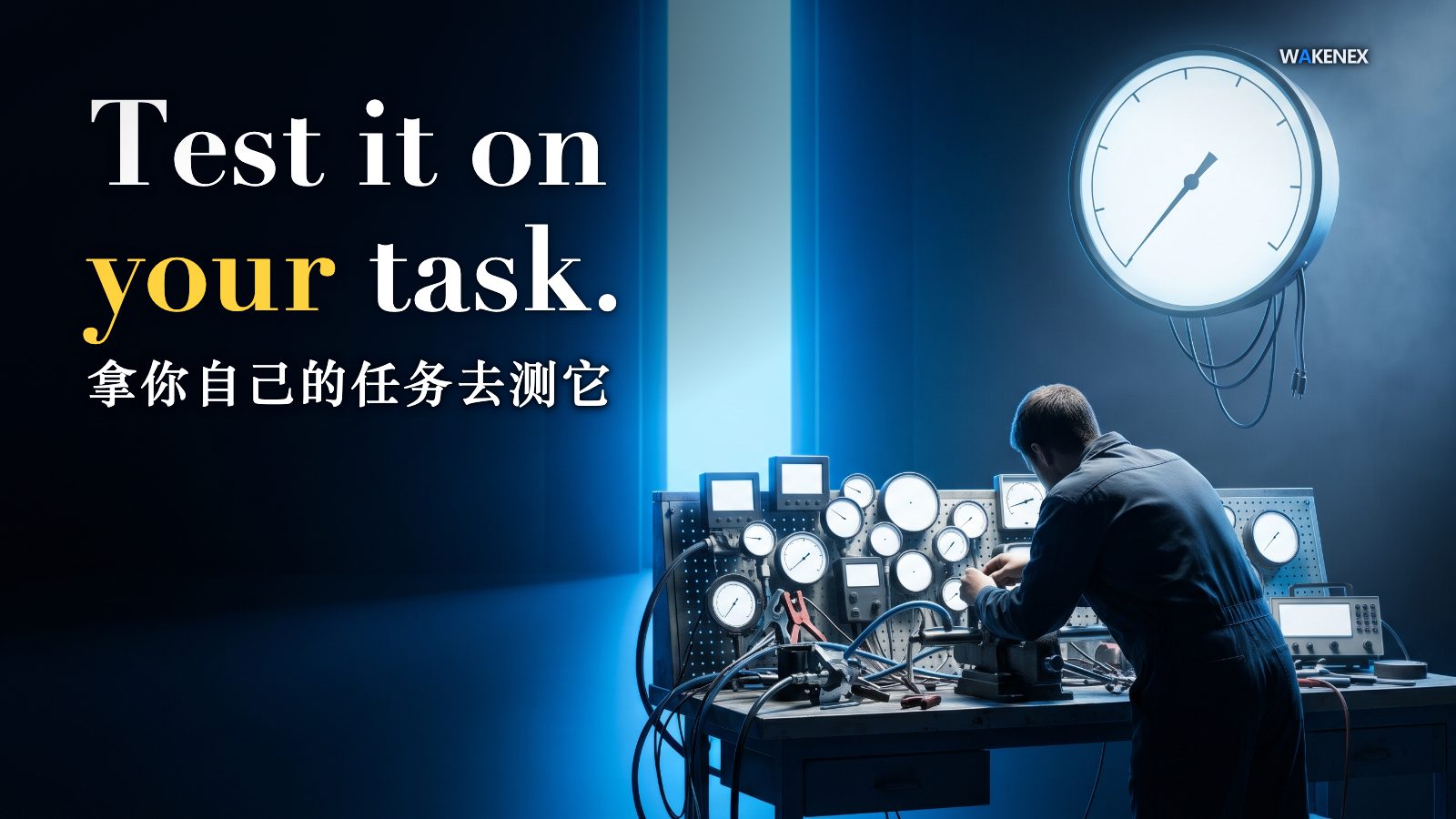 A developer at a workbench runs one model against their own concrete task, reading small component dials, while a huge single rank number glows ignored overhead