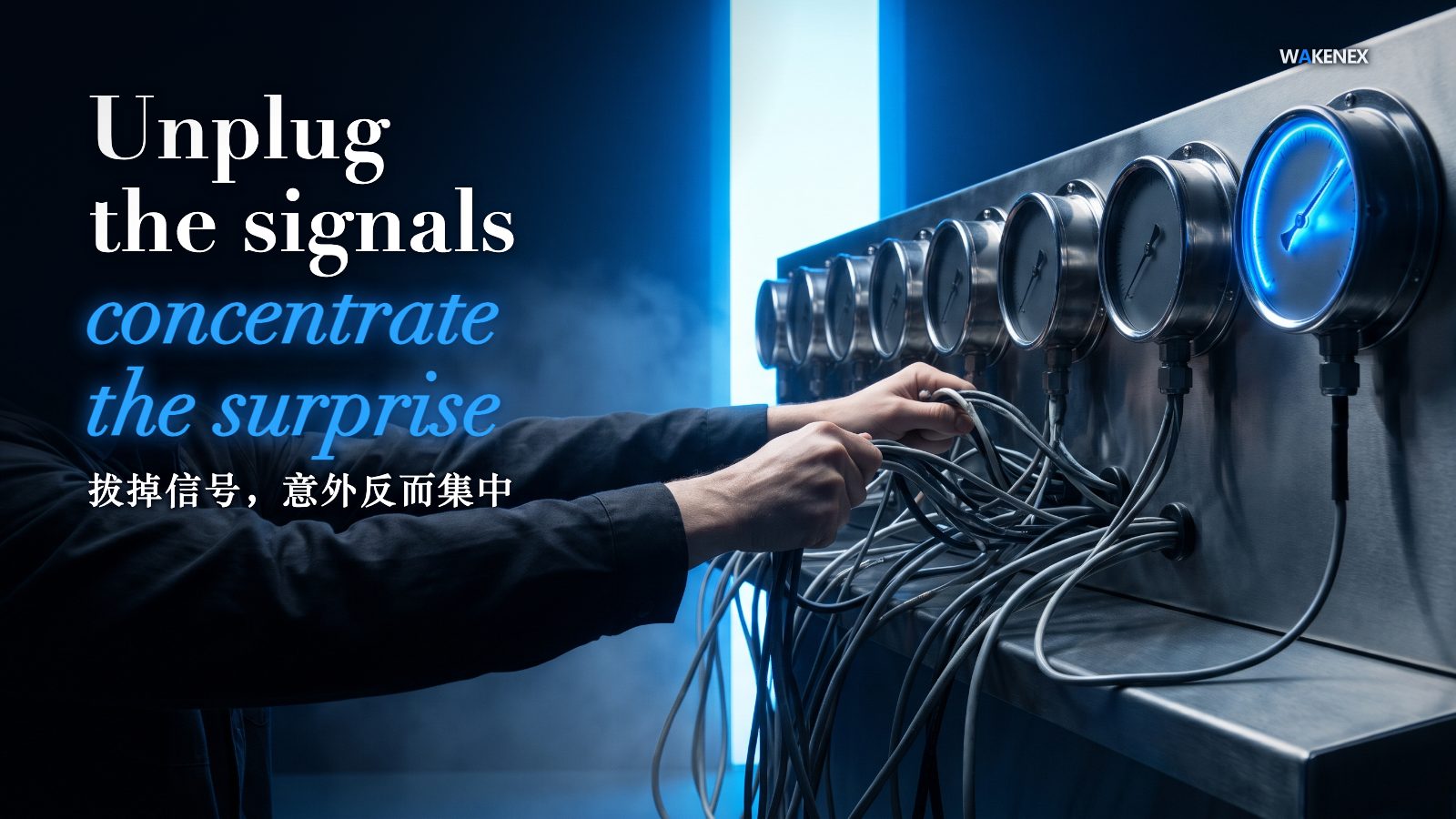 In a vast blue-black control room, a hand pulls the plugs on a row of dials while the one remaining pressure gauge is pinned hard to its limit in glowing blue, a lone figure watching from behind.