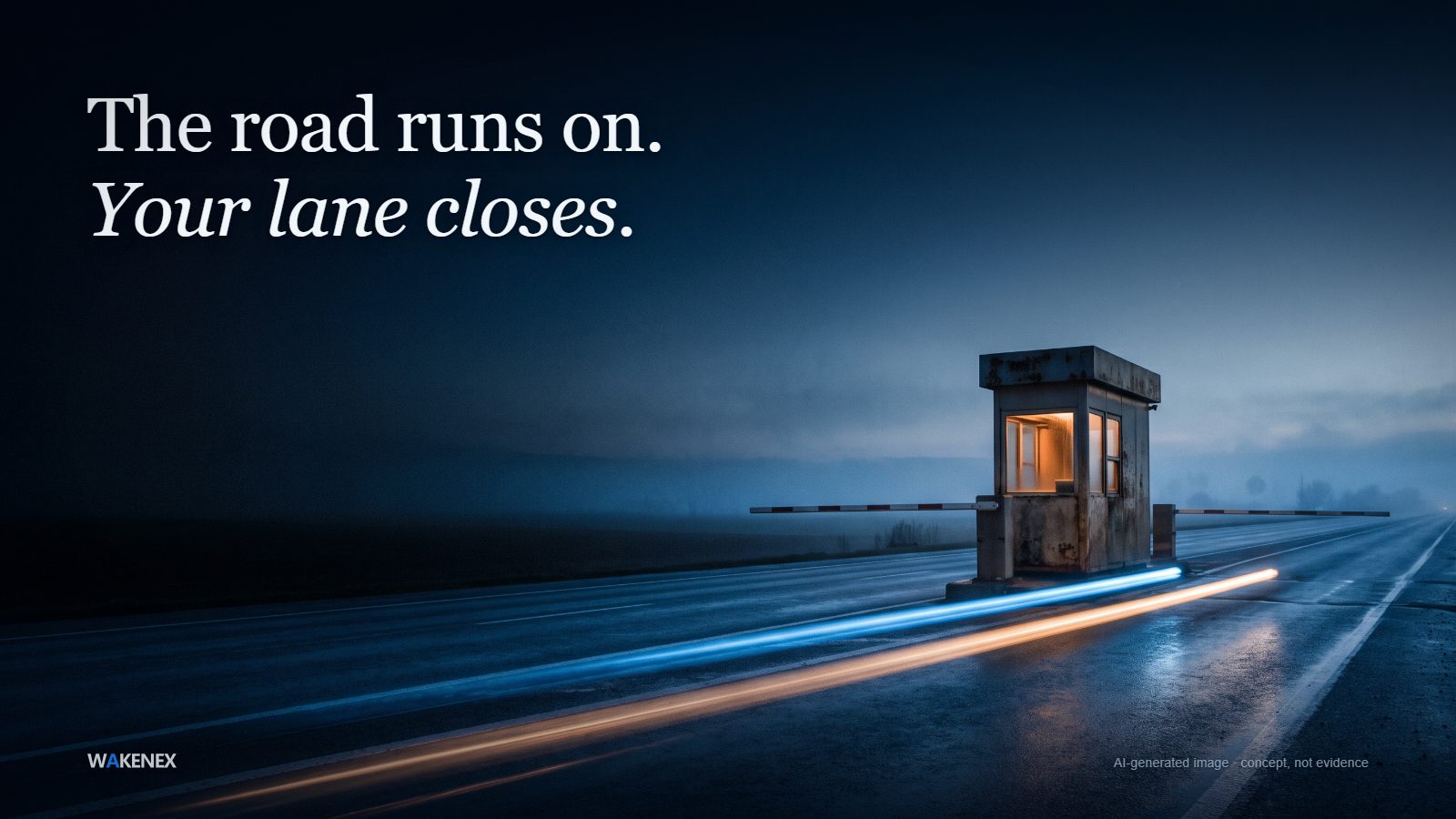 An empty highway at blue hour runs on toward the horizon while a single lit toll booth lowers its barrier across one lane. Headline: The road runs on. Your lane closes. AI-generated image; a concept, not evidence.