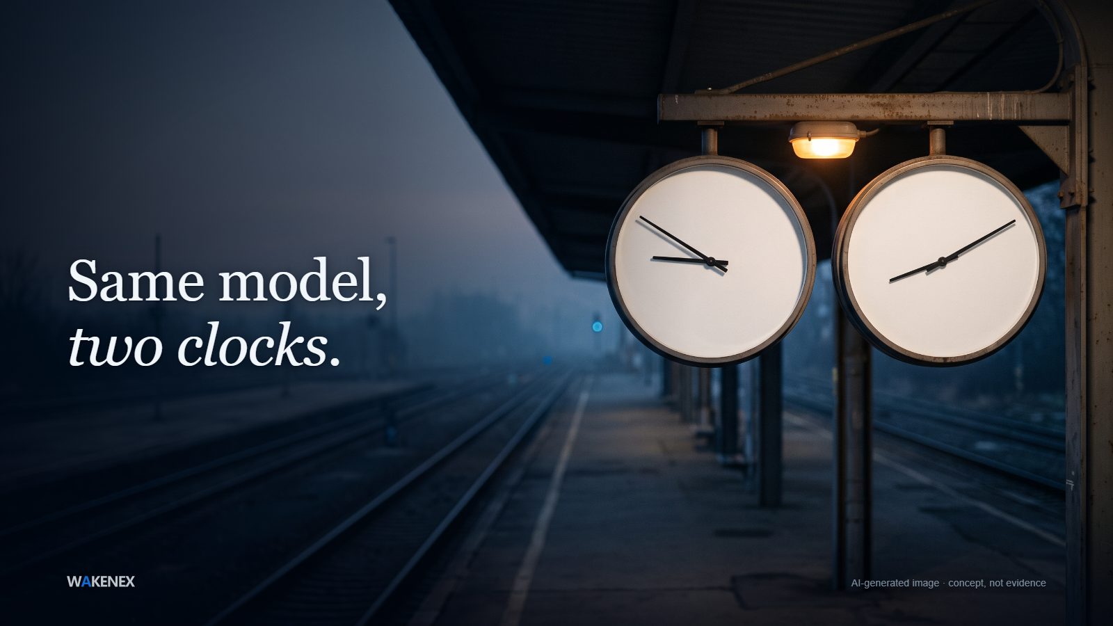 Two identical station clocks hang side by side under one warm lamp on a foggy railway platform, each showing a different time. Headline: Same model, two clocks. AI-generated image; a concept, not evidence.
