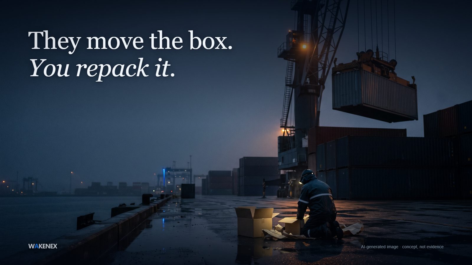 A container port at blue-hour dusk after rain: high on the right, the lit cab of a tall gantry crane swings a plain container away into the sky, while far below on the wet quay a small dock worker in a hooded jacket and headlamp kneels to repack opened cardboard boxes. Headline: They move the box. You repack it. AI-generated image; a concept, not evidence.