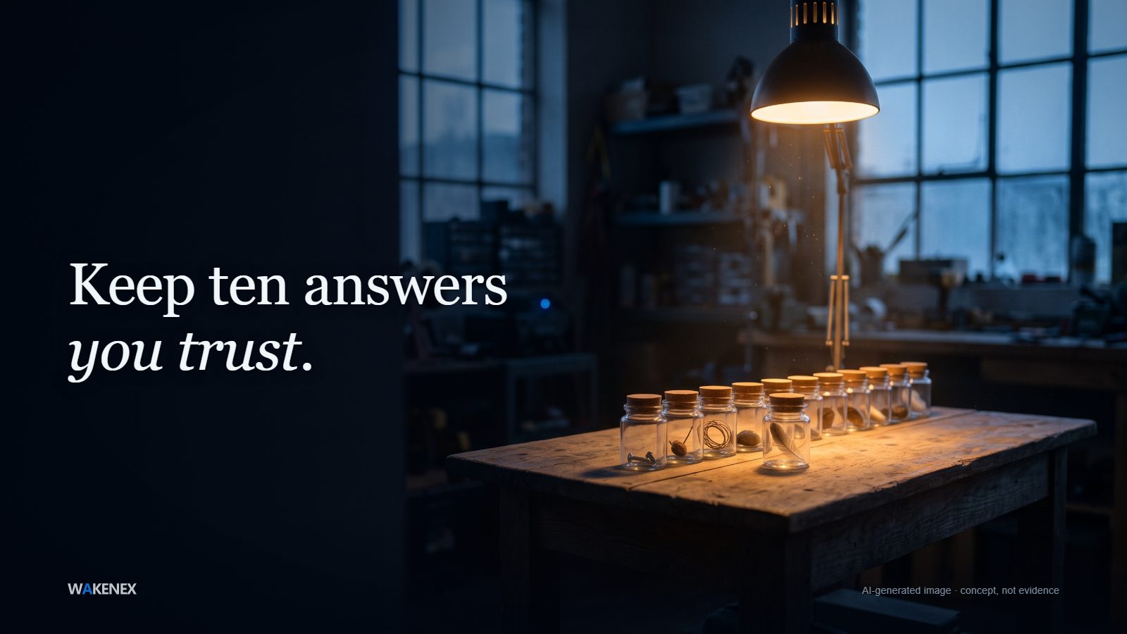 A row of small corked glass jars, each holding one small object, stands on a weathered workbench under a single warm lamp in a dim workshop, with cold blue window light behind. Headline: Keep ten answers you trust. AI-generated image; a concept, not evidence.