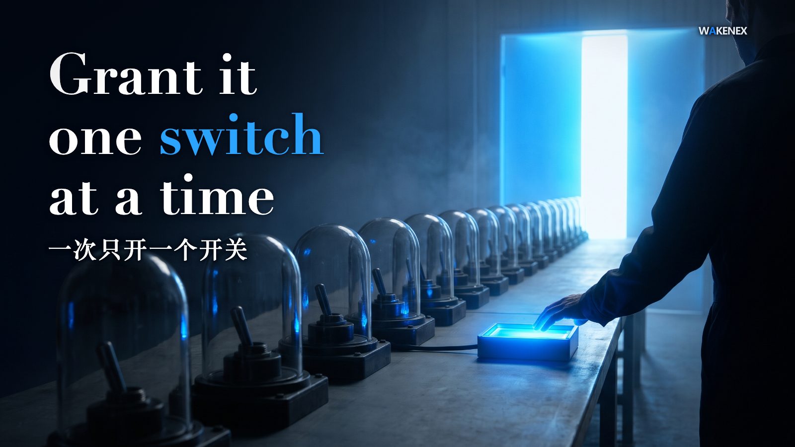 A person at the base of a huge amplifying lever that swings only when their other hand presses a single small glowing Allow button