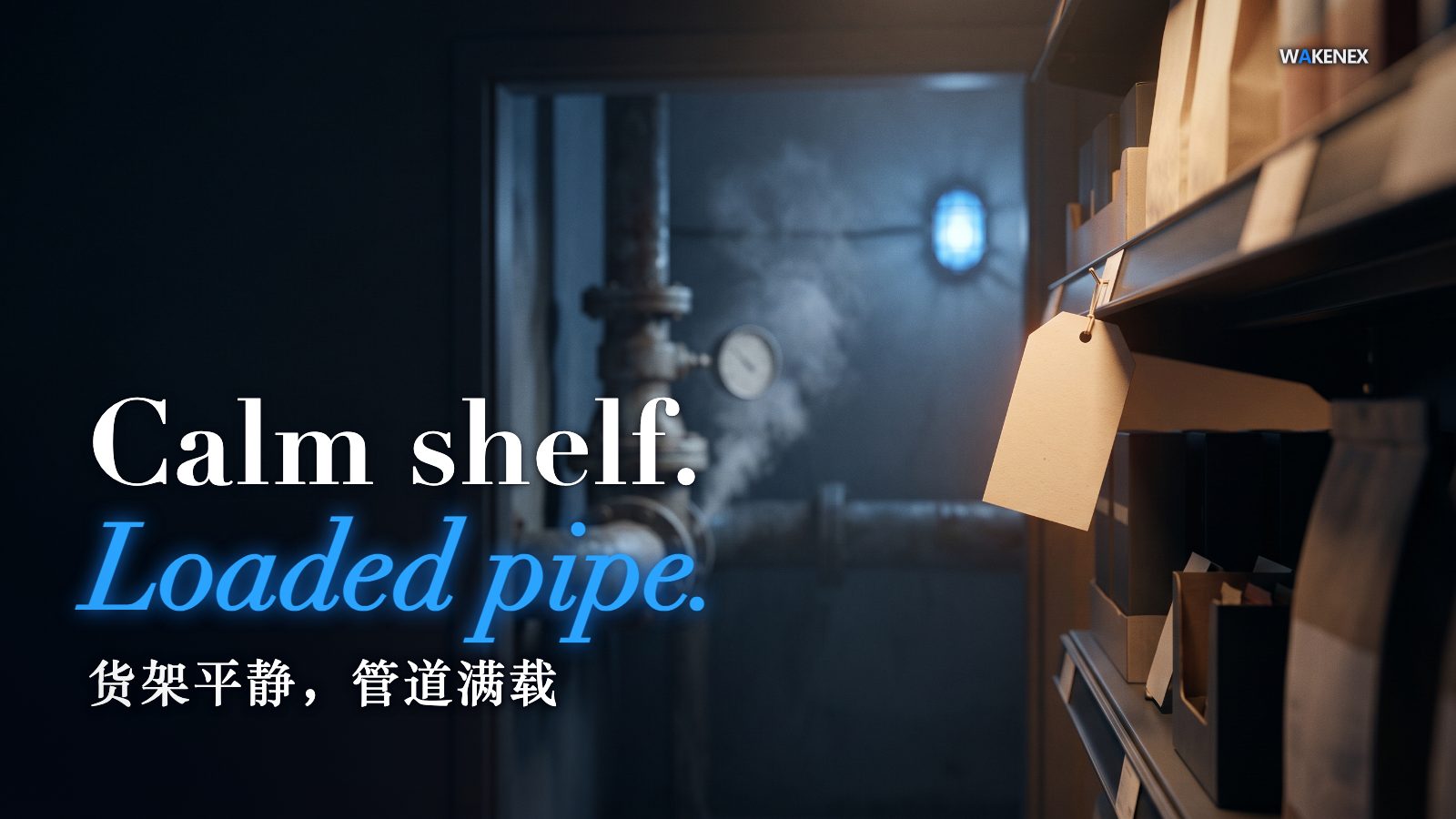 A brightly lit price tag glows calm on a near shelf, while far behind it, through a doorway, a thick pressure pipe strains under load in shadow. Headline: Calm shelf, loaded pipe.