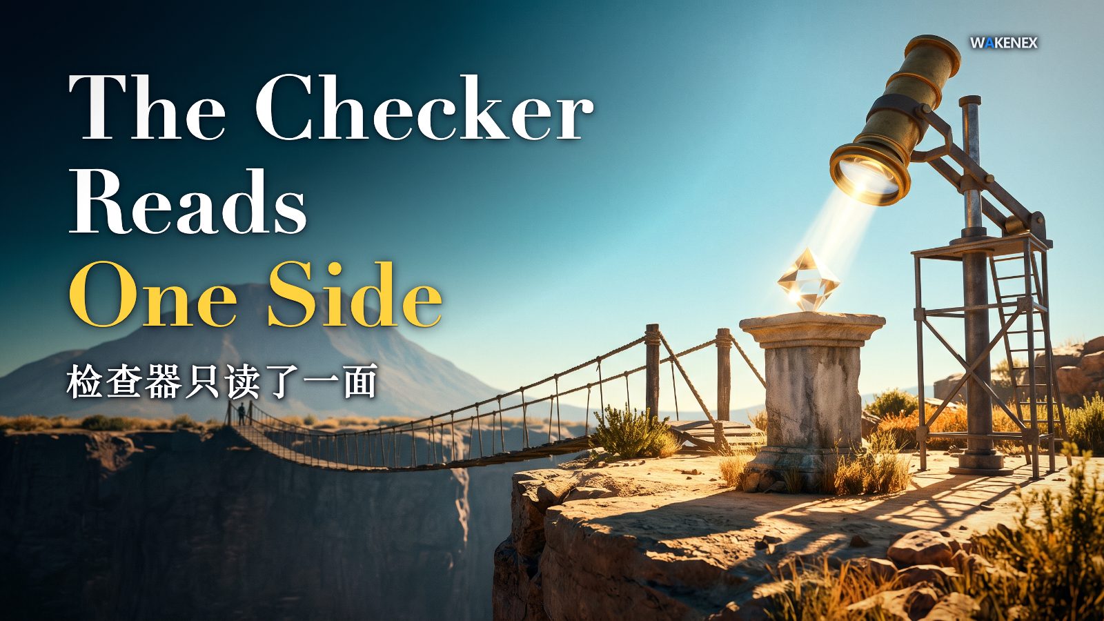 A beam of light examines a neat crystalline tablet while an unlit bridge leads back to a distant mountain, and a line of Chinese text sits below the English title