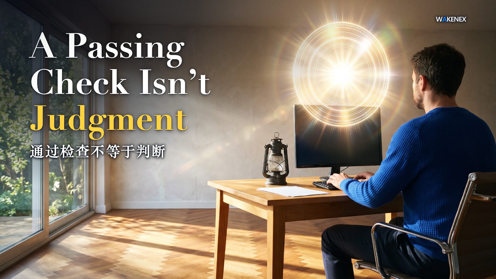 A person at a desk with a bright green check glowing on the screen while an unlit lantern labeled with the real question sits beside the keyboard, English title with a line of Chinese beneath it