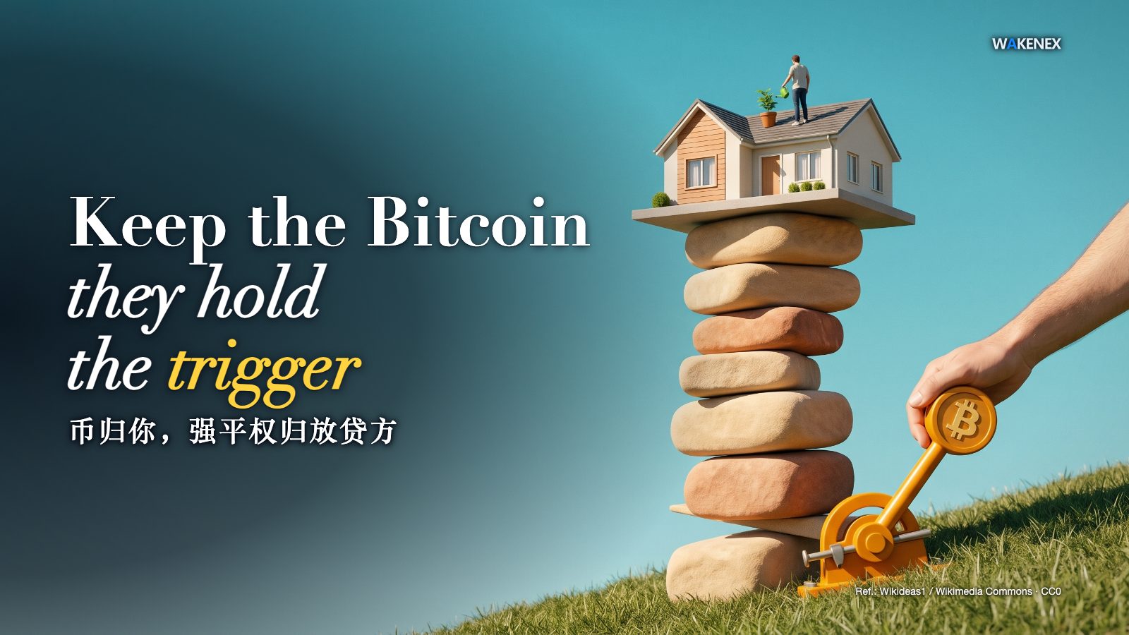 A bright sunlit concept scene. A small modern house sits atop a tall, leaning stack of sand-colored stone blocks balanced on a single pivot over a steep green slope; an oversized hand reaches in from below and rests on an amber lever whose round head carries a Bitcoin emblem, controlling whether the stack stays up. On the roof, a tiny figure seen from behind calmly waters a plant, unaware of the tilt. Headline: "Keep the Bitcoin | they hold the trigger" with the Chinese line "币归你，强平权归放贷方".