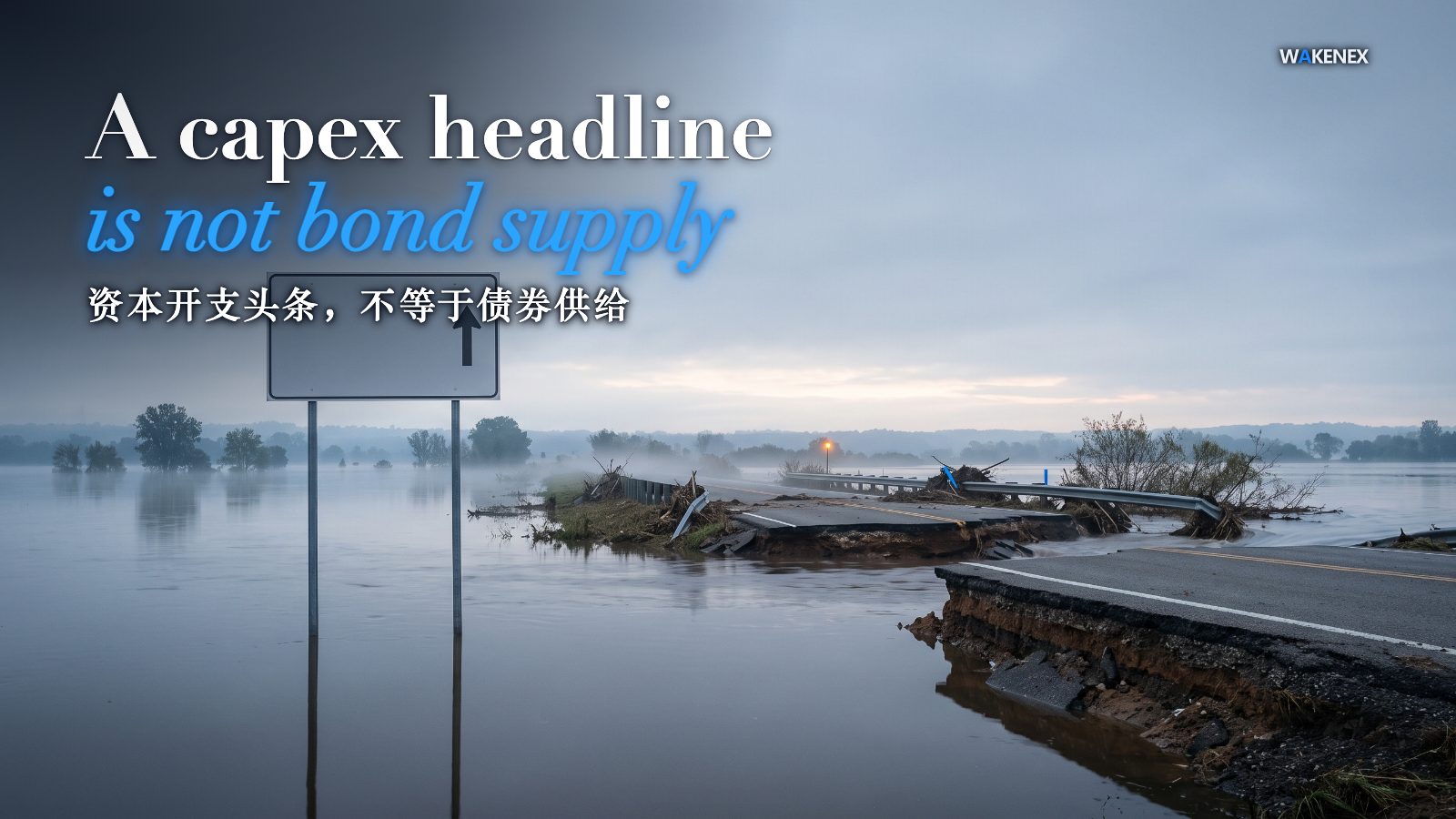 A pristine roadside sign stands at dawn after a flood, blank except for a single arrow pointing straight ahead; just beyond it the highway has been washed clean away by a swollen river. A confident pointer aimed at a question it cannot answer.