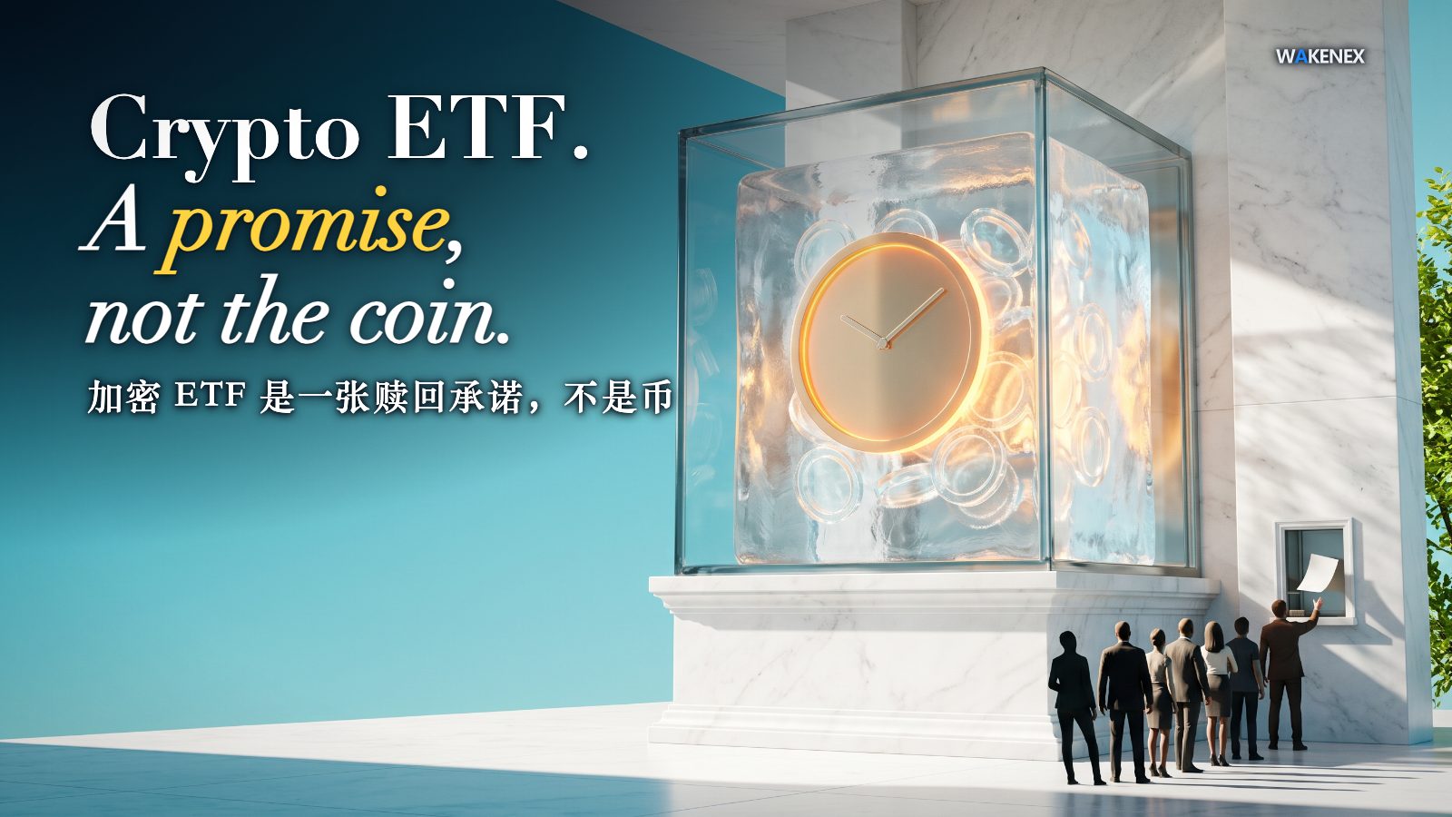 A bright, sunlit marble hall. A giant glass vault on a pedestal holds a cluster of glowing translucent tokens frozen in ice around one oversized amber clock with no numbers, still ticking. Beside it a small teller window has a queue of tiny figures seen from behind; the front person's hand reaches into the slot but only a blank paper slip flutters out. Overlaid title: 'Crypto ETF. A promise, not the coin.' with the line below it '加密 ETF 是一张赎回承诺，不是币'.