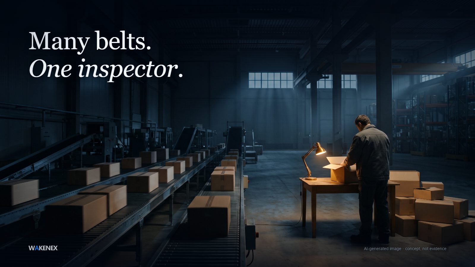 AI-generated concept image. A dim warehouse at night: conveyor belts loaded with plain cardboard boxes run in from the left, while on the right a single worker, seen from behind, inspects one open box at a small wooden desk under a warm lamp, a pile of unchecked boxes growing beside him. Cool moonlight falls through high windows. Headline: Many belts. One inspector. AI-generated image; a concept, not evidence.