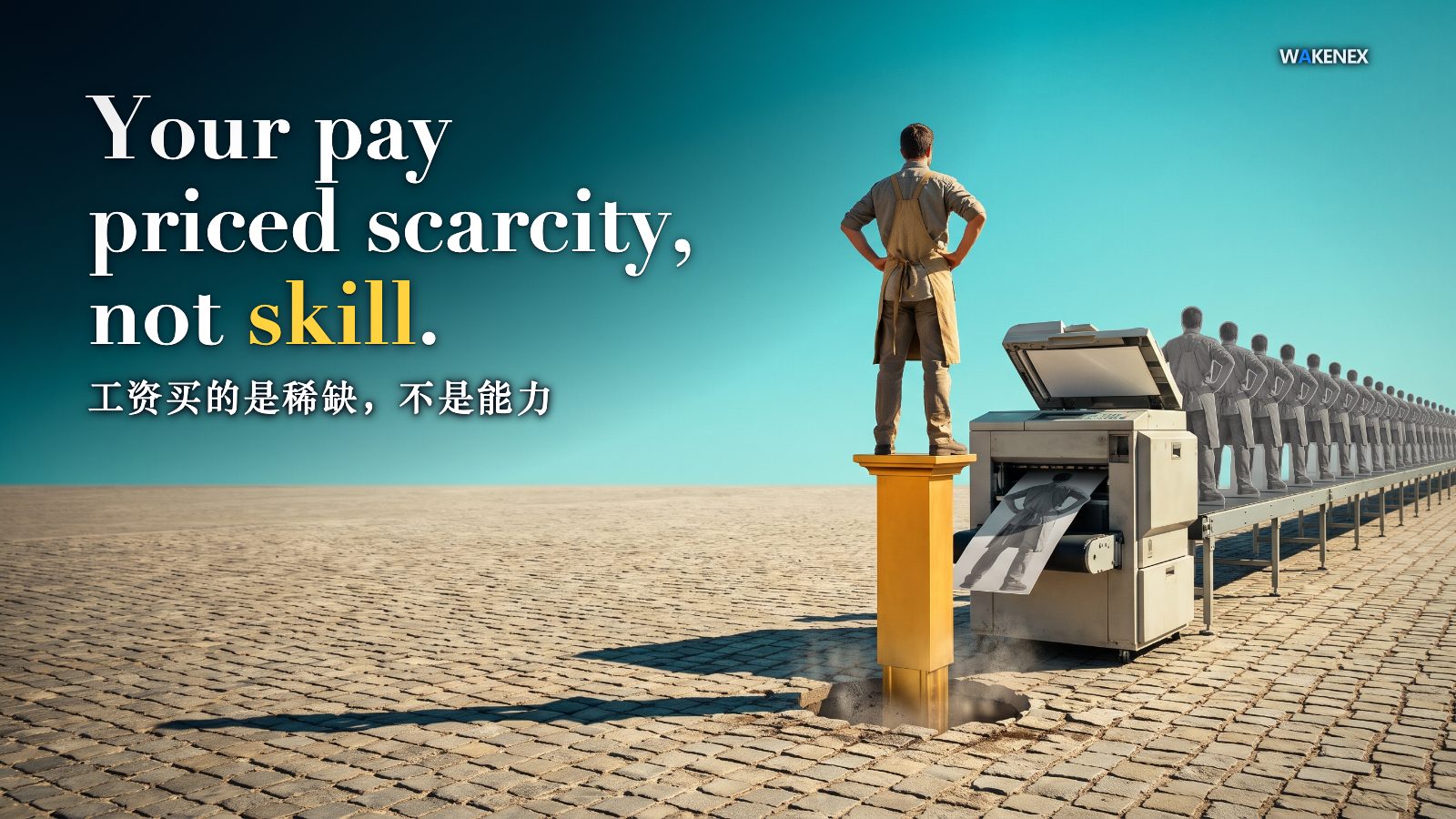 A single worker in an apron, seen from behind, stands proudly on a tall golden pedestal on a sunlit plaza while a copier beside him spits out a long receding row of identical grey cardboard cut-outs of himself onto a conveyor, and the golden pedestal beneath him is sinking into the ground. Headline: Your pay priced scarcity, not skill. 工资买的是稀缺，不是能力。
