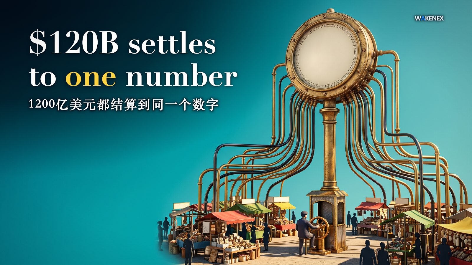 A bright, sunlit open-air marketplace under a clear turquoise sky. Dozens of small, different-coloured market stalls crowd the ground; from every stall a thin glossy gold pipe rises, bends inward and plugs into the base of one colossal ornate brass pressure dial raised high on a single slender pillar on the right. It is the only dial in the plaza and its round face is completely blank. At the foot of the pillar a tiny booth holds one small figure seen from behind, resting a hand on the single brass valve every pipe must pass through. The left of the frame is empty turquoise sky. Headline: $120B settles to one number. 1200亿美元都结算到同一个数字