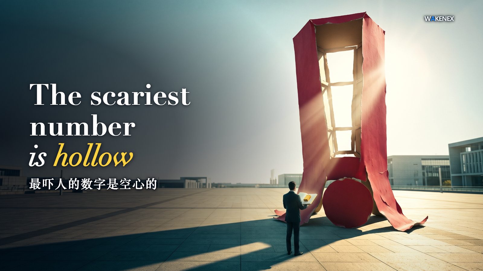 A bright, sunlit plaza where a colossal crimson exclamation mark towers over a tiny lone figure seen from behind. The giant is revealed to be a hollow frame draped in red cloth, empty and weightless, with daylight pouring straight through it, while the small figure calmly examines a single small solid gold block in hand. Headline: The scariest number is hollow. 最吓人的数字是空心的