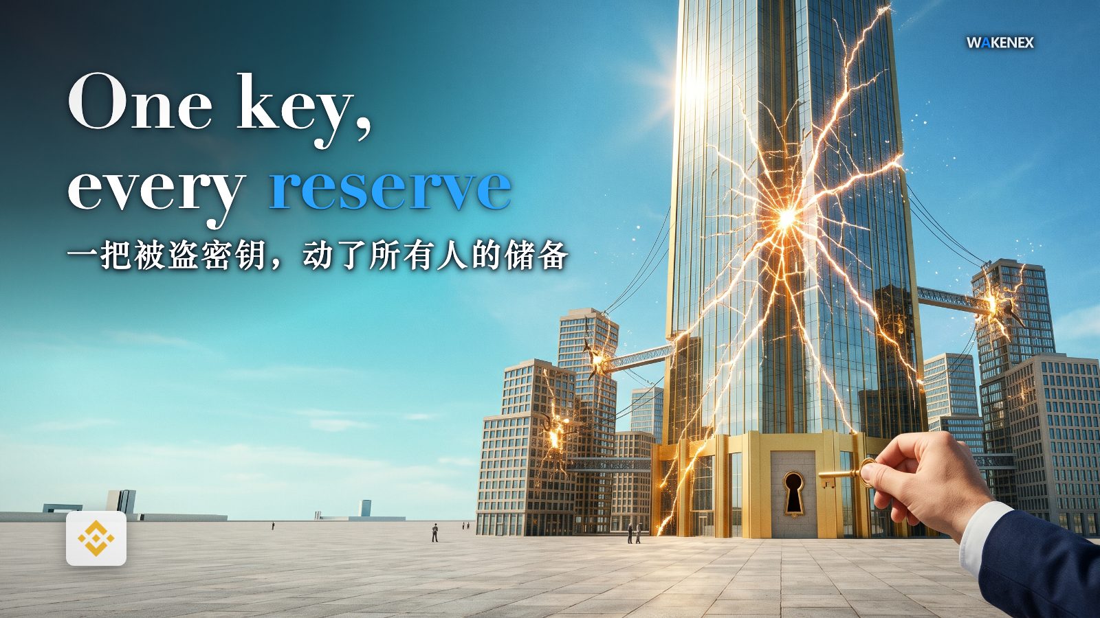 A bright, sunlit concept scene under a clean turquoise sky. One colossal mirror-glass treasury tower dwarfs a cluster of smaller buildings around a wide plaza. A single small golden key has just been pulled from a keyhole at the tower's base, and from that one empty hole a glowing crack races up the entire facade and jumps along thin cables to the smaller buildings, cracking the whole district at once. A single hand reaches in from the lower right holding the withdrawn key; no face. A small Binance logo sits on a light plate in the lower left. Headline in English, "One key, every reserve", with a Chinese line below it, "一把被盗密钥，动了所有人的储备".