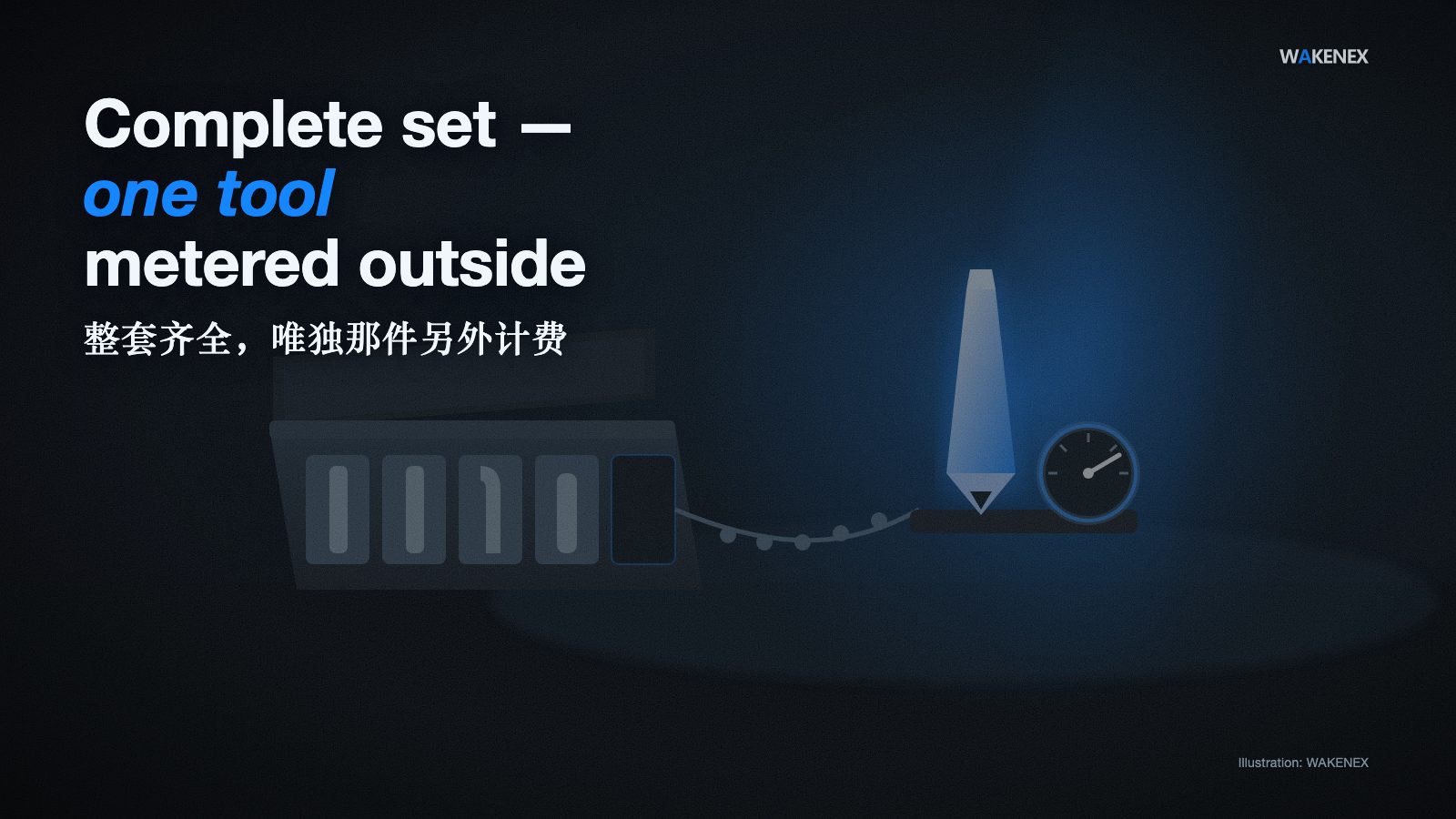 A premium all-in-one toolbox sits open in cool shadow, every slot filled with its own matching tool — except one slot, left pointedly empty and outlined in blue. Under a single beam of awaken-blue light, the one tool that belongs in that slot stands outside the box on a pedestal, chained back to it and wired to a small meter whose needle is swung hard over — you can use it, but only while the meter runs. Headline: Complete set — one tool metered outside.