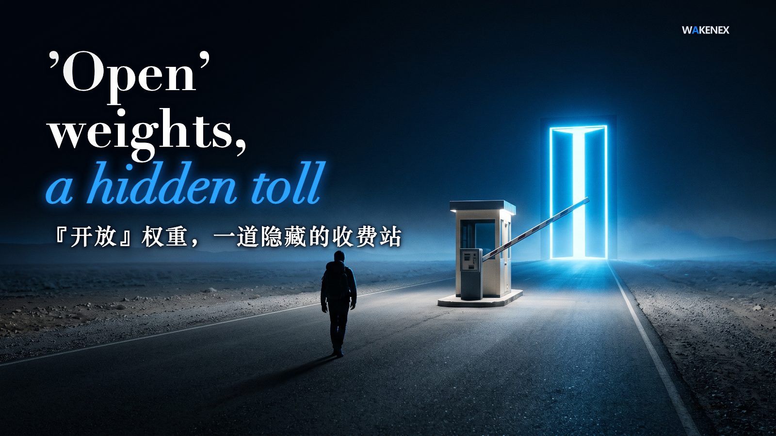 A satirical concept illustration: a lone silhouetted traveller walks down a wide, completely unfenced open road that runs free to the horizon, yet one lonely toll booth with its barrier arm raised and a meter ticking stands absurdly in the middle of the road; a gate of blue light glows behind it. Headline: 'Open' weights, a hidden toll.