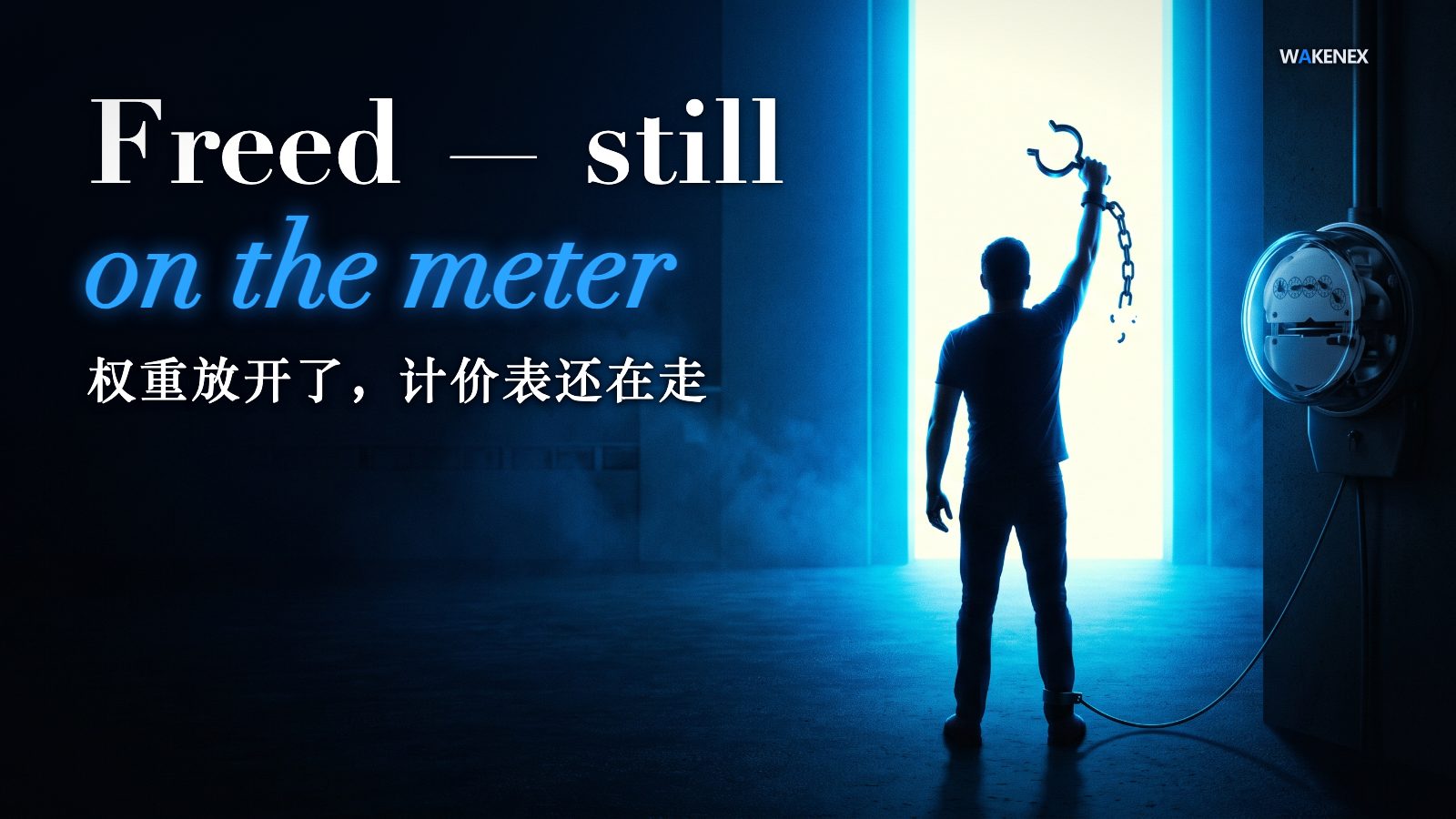 A hand holds a broken, open iron shackle up into bright blue light like a trophy of freedom, while unnoticed a thin cable runs from the figure's ankle to a wall meter whose dial is spinning, quietly ticking up a bill. The lock is off; the meter never stopped. Headline: Freed — still on the meter.