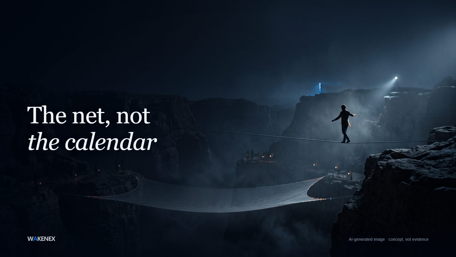 A small figure balances on a tightrope across a dark canyon at night; far below, a wide safety net is held at its edges by tiny distant figures with lanterns. Headline: The net, not the calendar. AI-generated image; a concept, not evidence.