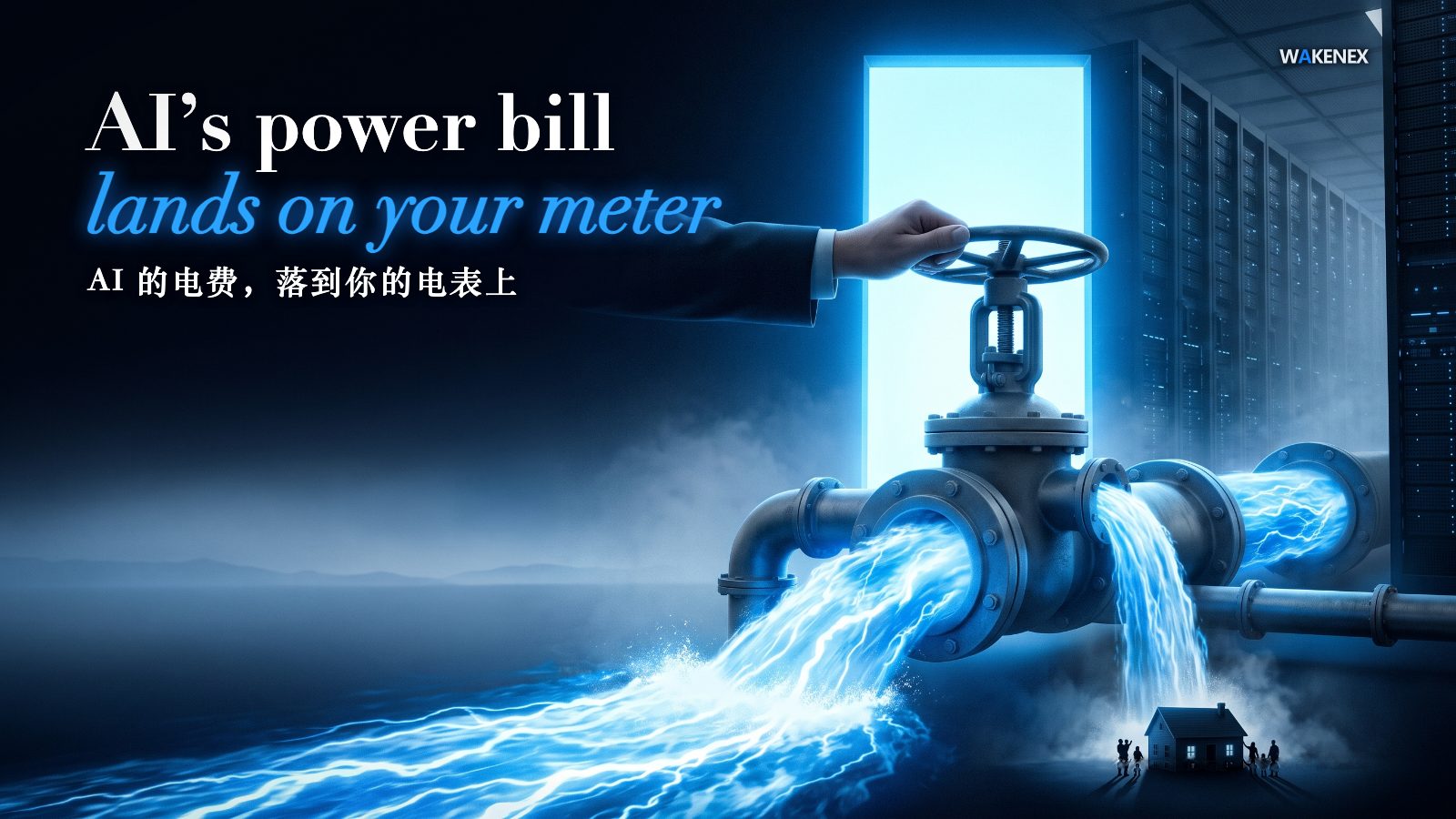 A satirical concept scene: a giant hand cranks an oversized valve on a glowing blue river of electric current, diverting the main flow into a huge data-center hall while a side-spout pours the costly overflow down onto a tiny house and its small silhouetted family. A tall gate of blue light glows behind. Headline: AI's power bill lands on your meter.