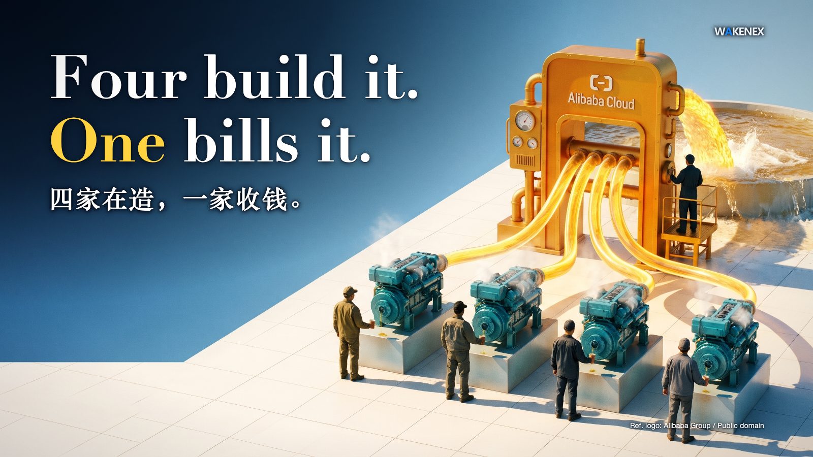 Four identical turquoise engines on pedestals pump glowing golden streams through hoses that all funnel into one tall golden gateway marked Alibaba Cloud; the gateway overflows into a huge golden reservoir while four small figures watch from behind. Headline: 'Four build it. One bills it.' Chinese line below: 四家在造,一家收钱。