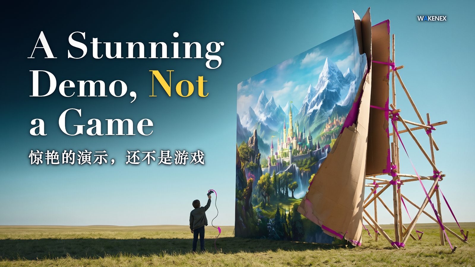 A bright, sunlit open plain under a clear blue sky. A huge, gorgeously detailed fantasy video-game world — snow mountains, a glowing city, forests — stands upright like a giant billboard and looks fully immersive from the front. But its right edge curls forward to reveal it is a paper-thin stage flat: the back is blank cardboard held up by a crude tangle of bare wooden poles, with empty grass behind it. A small figure seen from behind admires the dazzling front while holding a game controller whose cable dangles, plugged into nothing. The exposed back, the timber braces and the loose cable carry one warm-magenta accent. The left of the frame is empty sky. Headline: A Stunning Demo, Not a Game. 惊艳的演示，还不是游戏