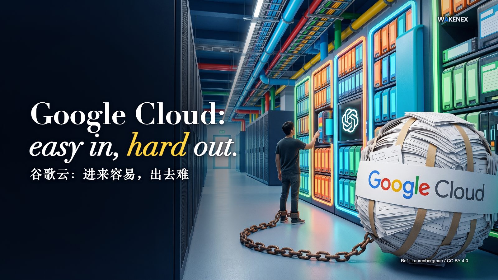 In a bright data center with blue, red, yellow and green overhead pipes, a man seen from behind swaps glowing model cartridges with one finger, while his ankle is chained to an enormous ball of invoices wrapped in a Google Cloud band, far from the bright exit door. Headline: Google Cloud: easy in, hard out.