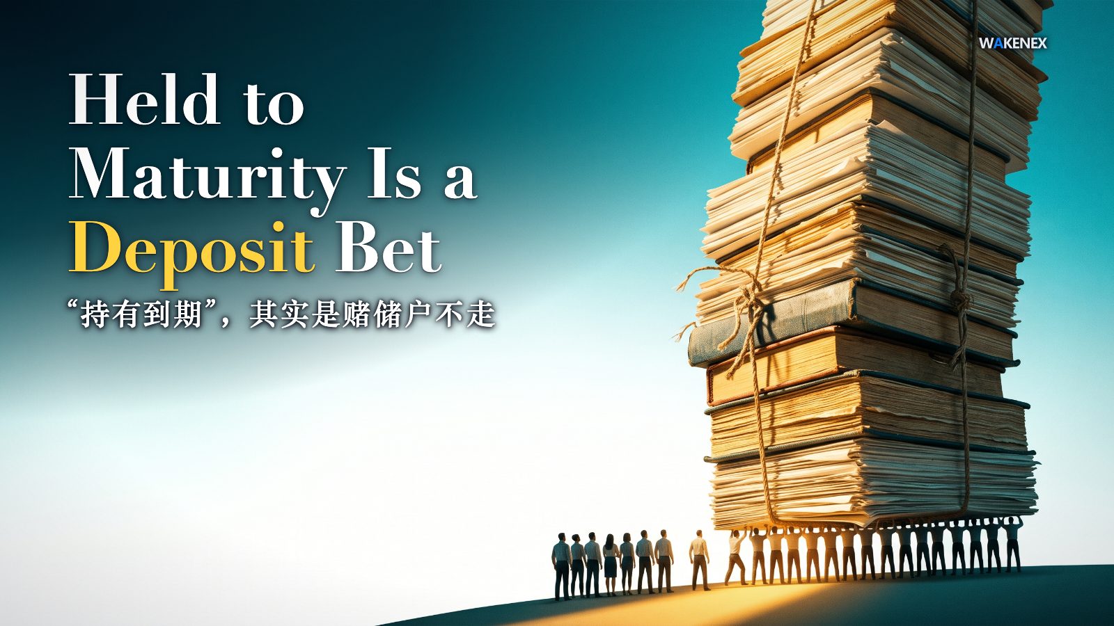 A bold bright concept scene: against a vivid teal-and-white sky, a colossal gold-lit tower of stacked paper certificate bundles and ledger blocks leans on the right, its entire weight balanced on a single thin line of tiny faceless figures standing shoulder to shoulder at its base. The left of the frame is open sky. Bold white text reads: Held to Maturity Is a Deposit Bet. A Chinese line below reads: 持有到期,其实是赌储户不走.