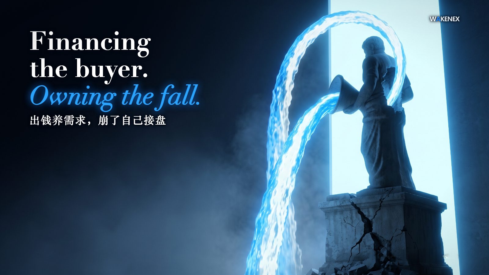 A satirical concept illustration: a colossal figure seen from behind pours a glowing blue stream of light out of its own chest in a loop that feeds straight back into its own back, growing brighter each pass, while a crack splits the pedestal beneath it. Headline: Financing the buyer. Owning the fall.