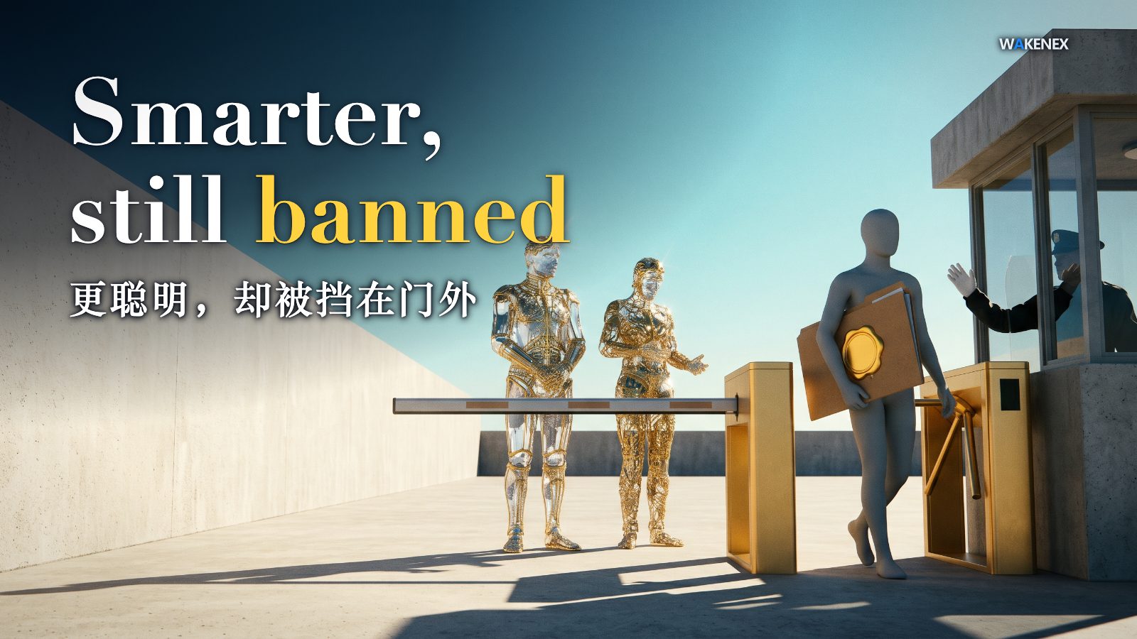 A bright, sunlit government checkpoint under a clear sky. A plain, dull grey faceless figure is waved through an open turnstile glowing warm gold because it carries one oversized folder sealed with a big gold wax stamp; beside it, two much taller, ornate figures sculpted from glass and gold filigree — clearly more powerful — stand empty-handed behind a lowered barrier, shut out. White caption: Smarter, still banned. A Chinese line sits below it: 更聪明，却被挡在门外.