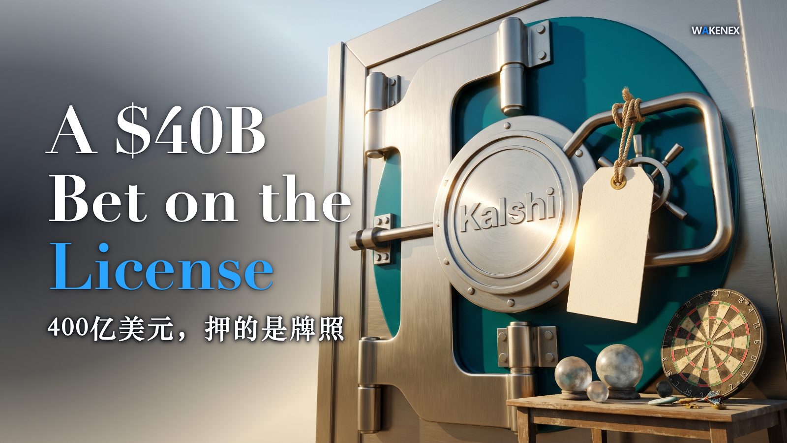 A gleaming brushed-steel and teal bank-vault and exchange door fills the right of the frame, its round central seal marked with the Kalshi emblem; a blank gold price tag hangs from the heavy handle while dim, cloudy crystal balls and a worn dartboard sit abandoned on a wooden table beside it. The left of the frame is bright empty sky. Headline: A $40B Bet on the License. Chinese line: 400亿美元，押的是牌照.