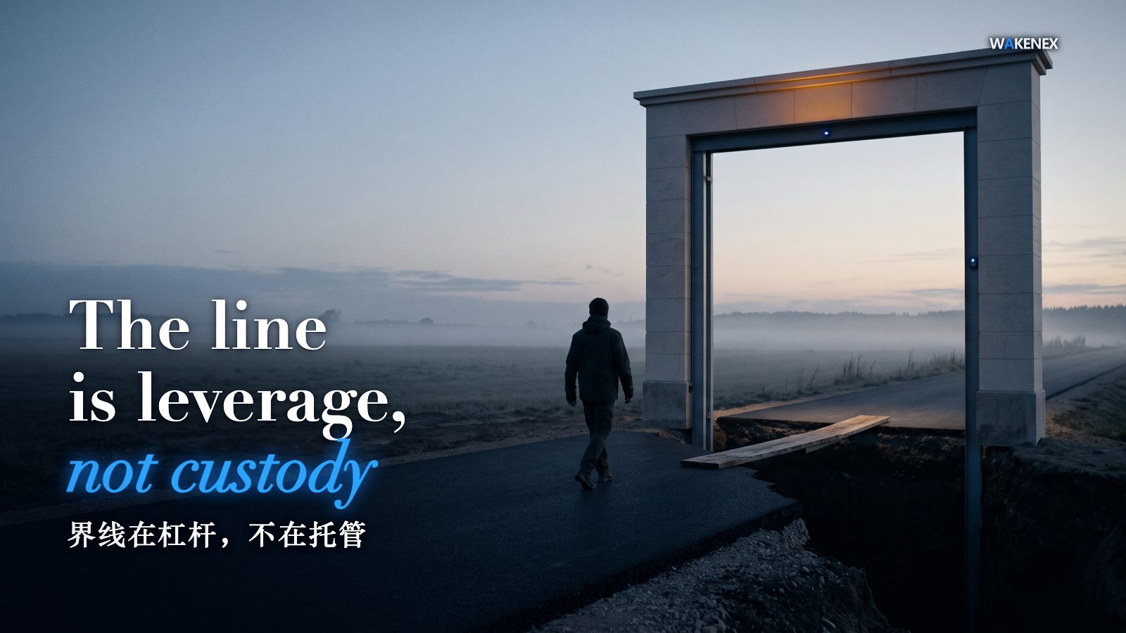 At dawn a tall, official-looking open gateway stands on a clean paved road, its crossbar glowing a reassuring warm amber; a small figure walks toward it from behind. But one step past the threshold the paving ends in an unsupported drop, only half covered by a thin plank. An orderly, inviting entrance over an unseen gap. Headline: the line is leverage, not custody.