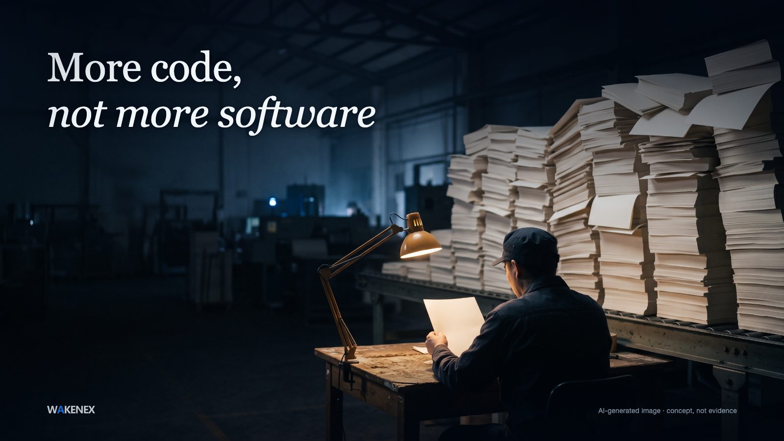 A lone worker sits at a small warm-lamplit desk at night, calmly reading, while behind them a conveyor belt stacks an ever-taller tower of identical blank pages far faster than they can be read. Generation is cheap and fast; judgment is slow and human. AI-generated image; a concept, not evidence.