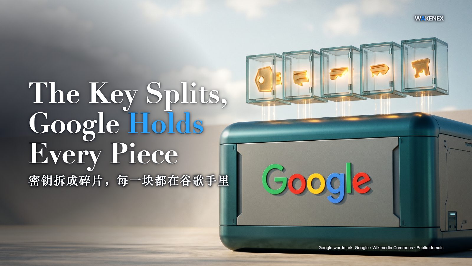 Bright editorial illustration: a single golden key has shattered into five glowing shards, each sealed in its own small glass vault, and all five vaults stand in a row on top of one large data-center block whose front bears a Google wordmark, with thin light beams tying the shards down to that single block, against a bright teal-and-amber sky with empty space at left. Headline: The Key Splits, Google Holds Every Piece. Chinese line: 密钥拆成碎片，每一块都在谷歌手里.