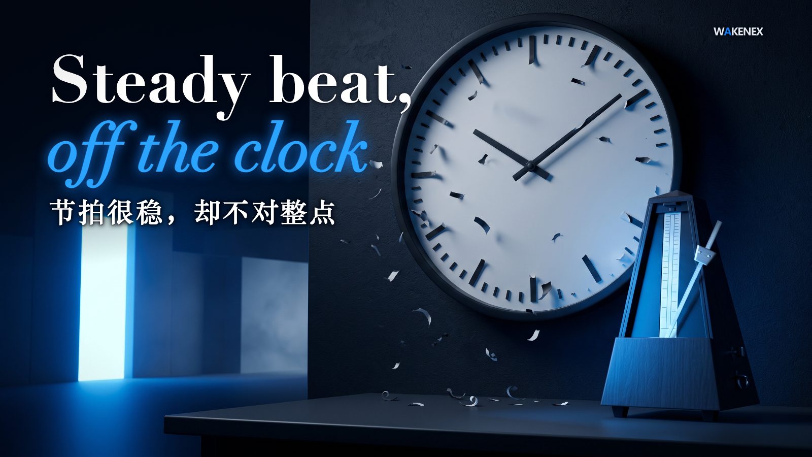 A tall metronome swings a confident, perfectly steady beat in bright blue light, but it points to empty space on a large wall clock whose hour and minute marks have silently peeled off and drifted away into the dark, leaving the face blank. The rhythm is reliable; it no longer matches the clock. Headline: Steady beat, off the clock.
