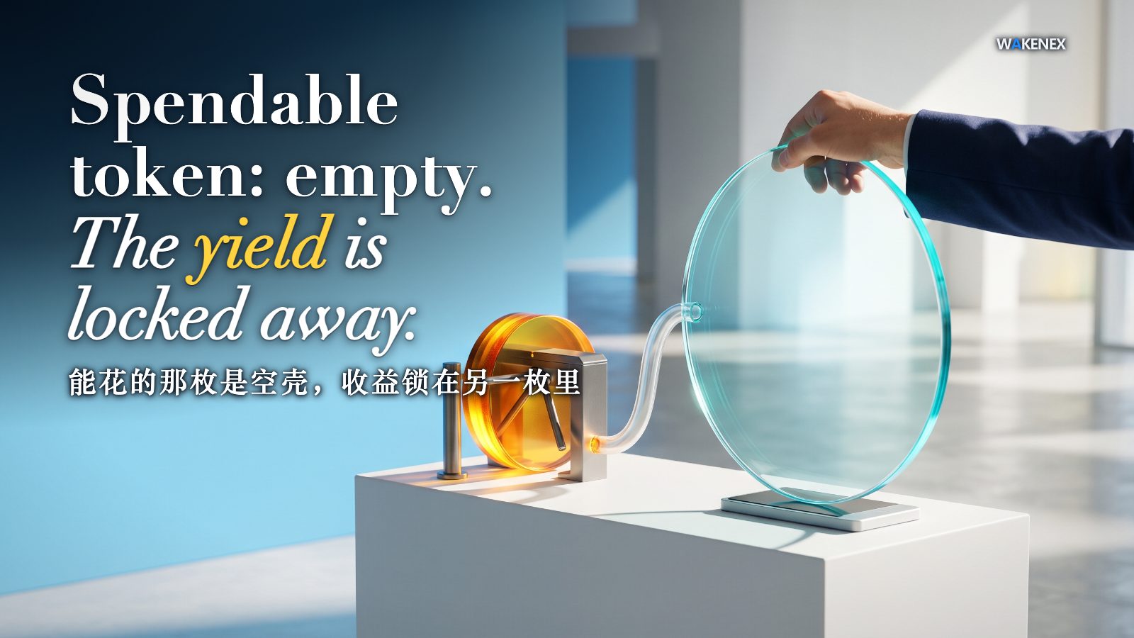 A hand taps a payment using a huge, hollow, transparent disc-shaped token in a bright white hall; a short clear tube tethers it to a smaller, dense glowing-gold token trapped behind a slow one-way turnstile that lets only a thin trickle of light through. Bold text reads: Spendable token: empty. The yield is locked away. A line of Chinese below reads: 能花的那枚是空壳，收益锁在另一枚里.