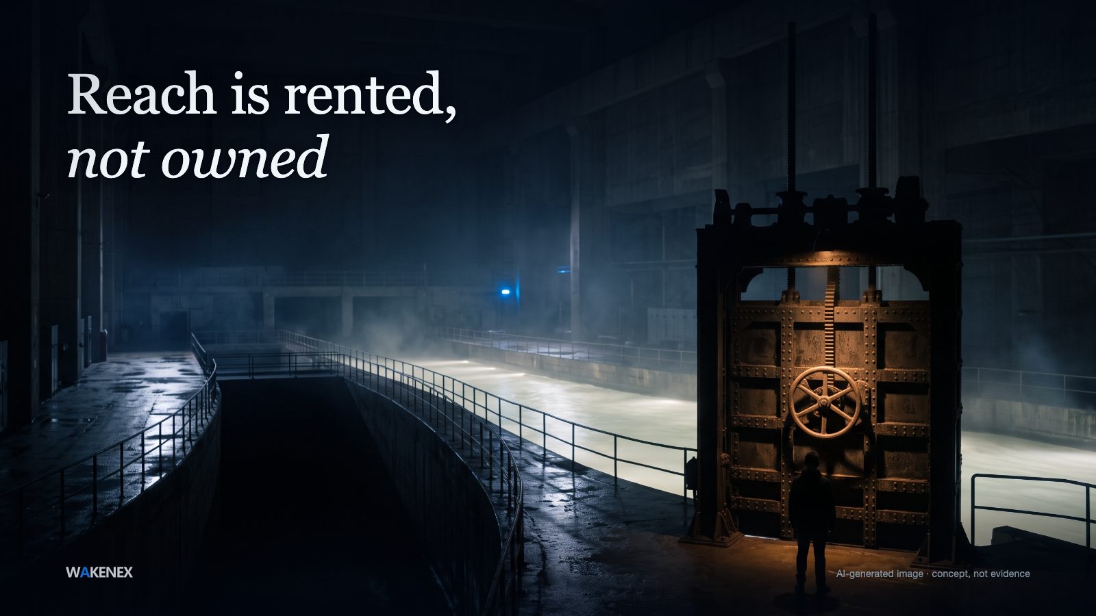 Inside a vast dark dam hall at night, a massive iron sluice gate with a spoked valve wheel sits at the mouth of a channel; a broad river of softly glowing water flows to it and the gate sends the glow down one bright open channel while a second branch narrows almost to darkness. A small anonymous silhouette stands at the foot of the gate, dwarfed by the mechanism that decides where the light flows. AI-generated image; a concept, not evidence.