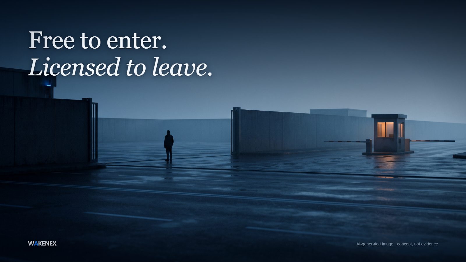 An empty road at blue hour leads through a wide open entrance into a walled courtyard; across it, the only exit booth glows amber with its barrier arm lowered, and a small figure stands looking at it. Headline: Free to enter. Licensed to leave. AI-generated image; a concept, not evidence.