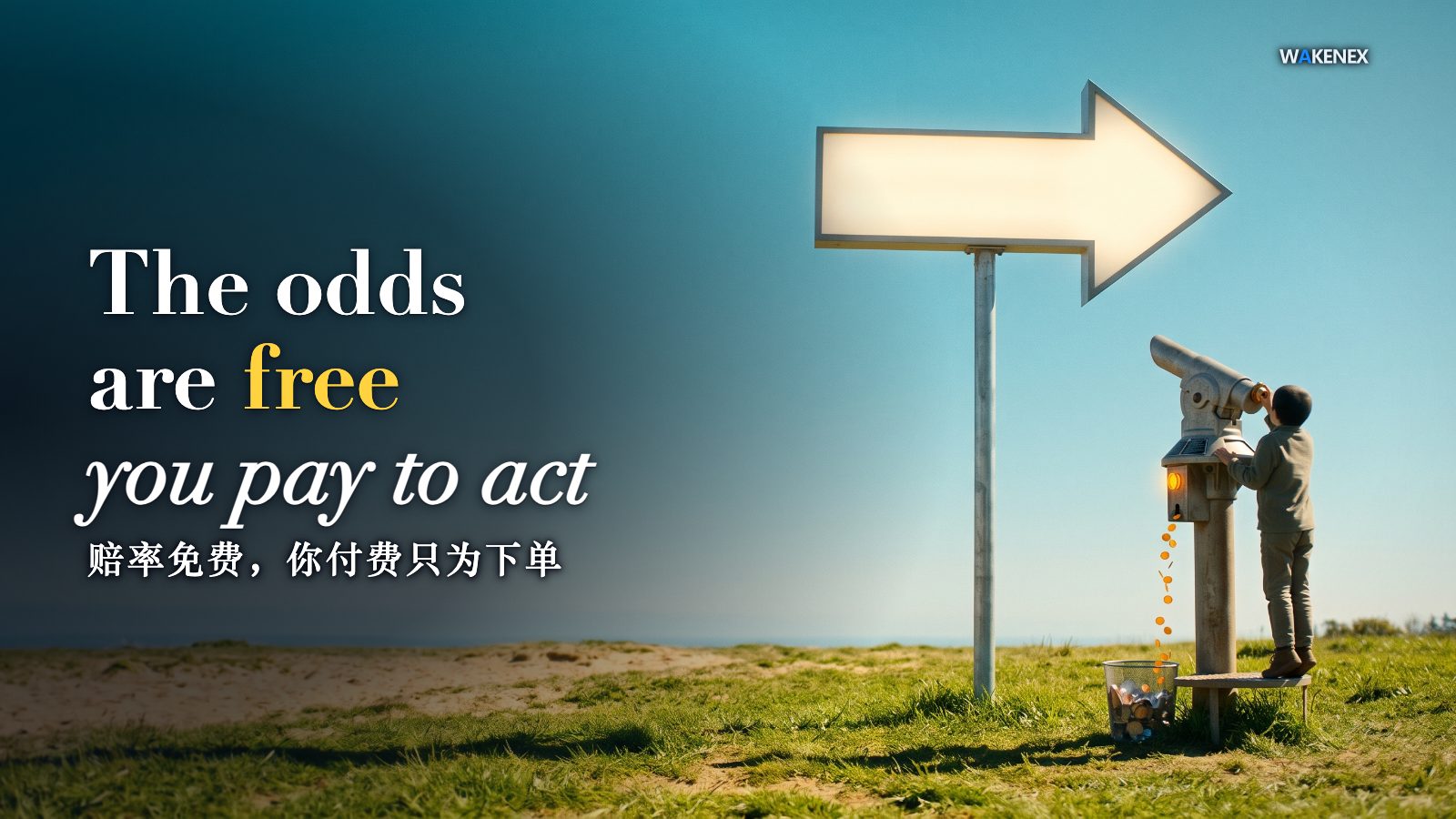 A bright sunlit meadow concept scene. A giant glowing arrow-shaped signpost stands tall, clearly readable and free to anyone. Beside it, a coin-operated tourist telescope on a post is aimed at that same arrow; a tiny faceless figure, seen from behind, drops a coin into the slot and peers through, paying to look at what is already visible for free above. A thin stream of amber coins trickles from the telescope's coin box into a bin on the ground. Headline: "The odds are free | you pay to act" with the Chinese line "赔率免费,你付费只为下单".