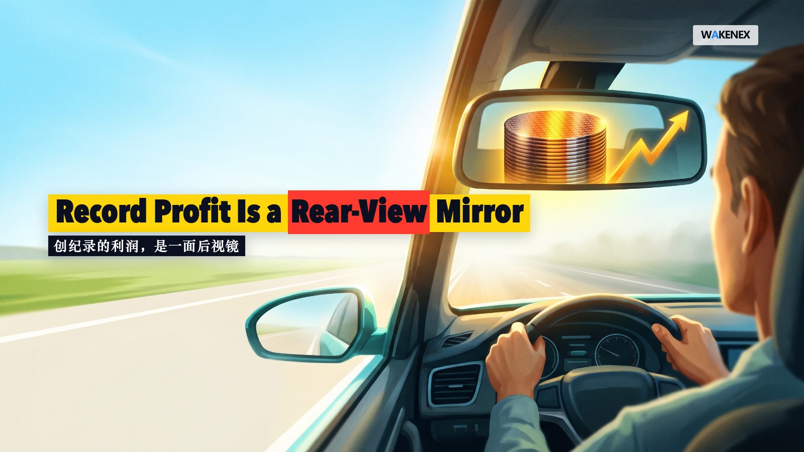 A bright, sunlit highway scene under a clear blue sky. On the right, a sleek car speeds forward while its faceless driver, seen from behind, has turned away from the road to stare into an oversized rear-view mirror. Inside the mirror a radiant stack of memory-chip wafers and a steep rising golden line glow under a warm-yellow light — the record quarter already behind them. Through the windshield ahead the road dissolves into bright pale fog, the uncertain route the car is actually racing toward, unwatched. The left of the frame is open bright sky. Bold white text reads: Record Profit Is a Rear-View Mirror. A line of Chinese below reads: 创纪录的利润,是一面后视镜.