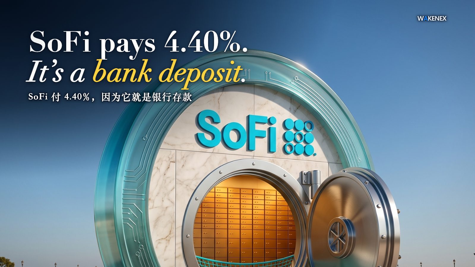 A giant translucent digital token stands on its edge in a sunlit plaza; its face is a marble bank front with the SoFi logo and an open round vault door, revealing golden deposit boxes and a safety net inside, while a small figure looks on. Headline: SoFi pays 4.40%. It's a bank deposit.
