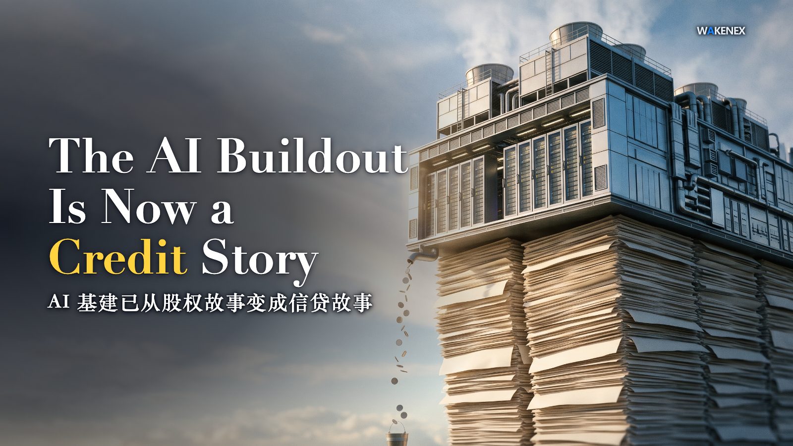 A bright, sunlit surreal scene. A huge glowing modern data center rises into a clear sky, but its entire foundation is a towering, buckling stack of blank paper slips instead of solid ground, while only a thin trickle of generic coins dribbles from the base into a tiny bucket far below. Warm sunlight breaks across the structure. Headline reads 'The AI Buildout Is Now a Credit Story' with a line of Chinese below it: AI 基建已从股权故事变成信贷故事.