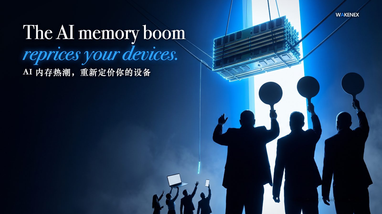 Satirical concept image: at a vast auction lit by a tall gate of blue light, three towering faceless bidders hoist a single glowing stack of memory modules high out of reach on wires, while tiny figures at the bottom holding a blank laptop and phone reach up for a thin leftover sliver. Headline: The AI memory boom reprices your devices.