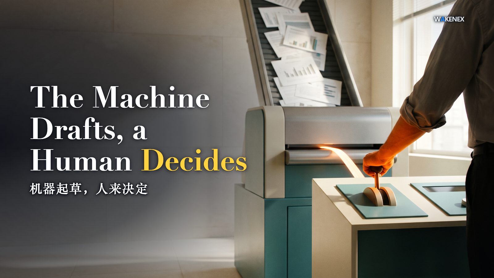 A bright, sunlit control room in pale stone and cream. On the right, a fast conveyor pours a glowing cascade of paper documents and charts into a sleek machine that squeezes them into a single thin ribbon of light. That ribbon must pass through one oversized manual lever-switch on a console, where a single human hand and forearm (no face) grips the lever and holds the gate, deciding what passes. The lever glows a bold warm amber, the one vivid accent against cool teal consoles and cream walls. The left of the frame is empty sunlit wall, kept as negative space. Headline: The Machine Drafts, a Human Decides. 机器起草，人来决定
