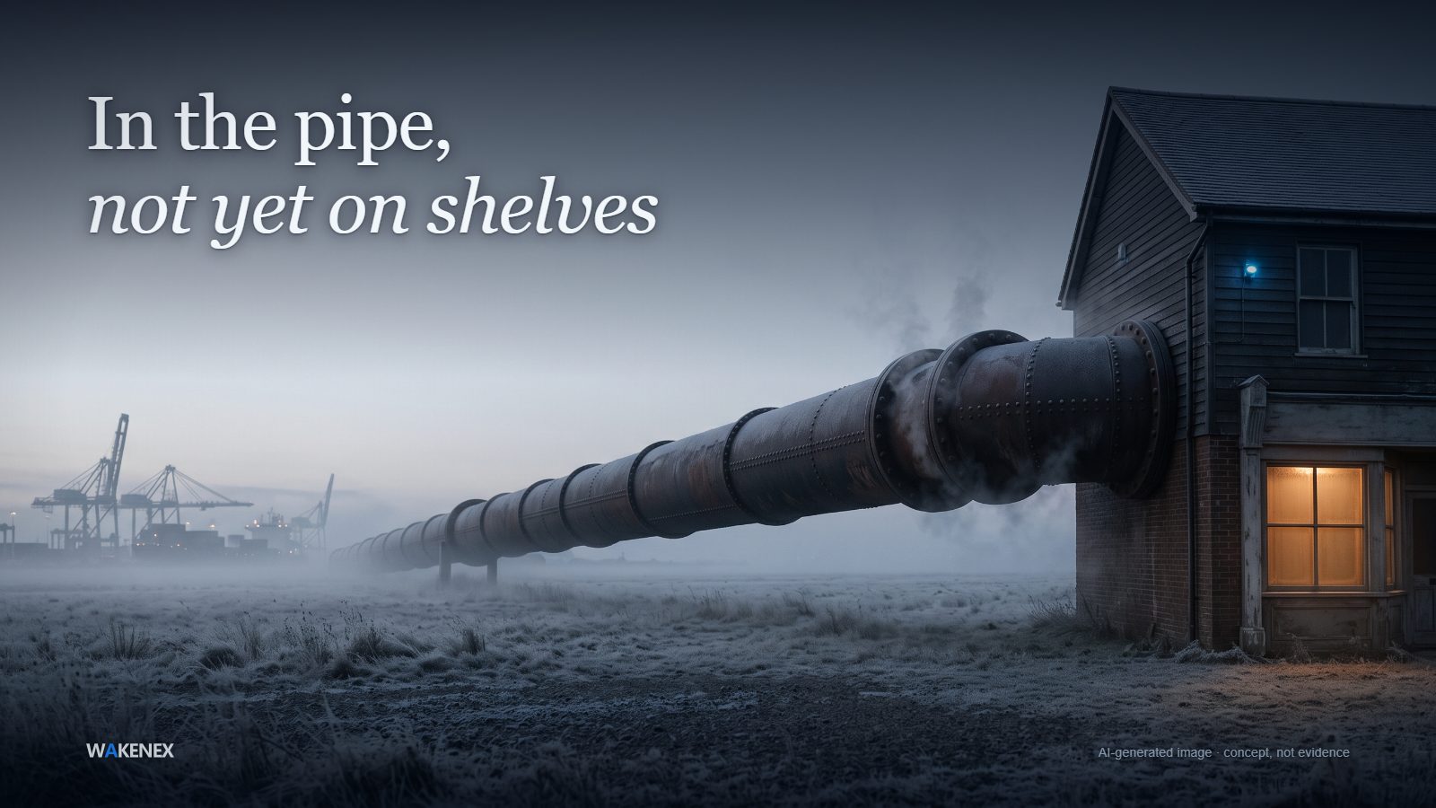 A long steel pipeline runs from a hazy harbor across a frosted plain to a quiet shop with one dim lit window; the joints nearest the shop vent thin steam. Headline: In the pipe, not yet on shelves. AI-generated image; a concept, not evidence.