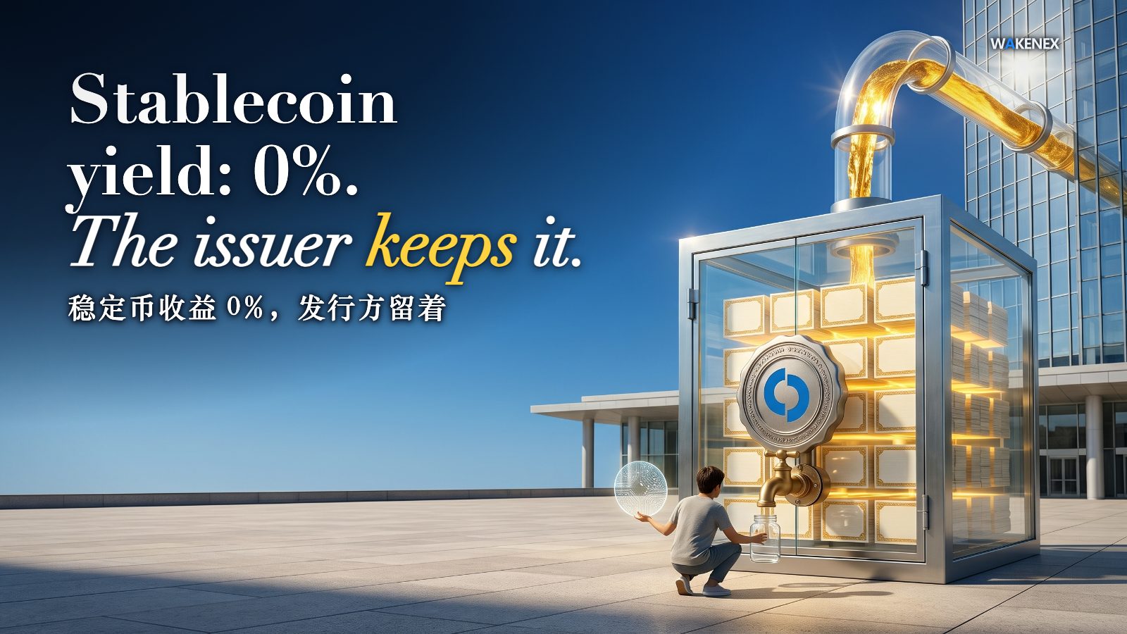 In a sunlit plaza beside a federal office, a glass vault packed with gold reserves carries the regulator's blue logo on its seal; a shining stream of liquid gold, the interest, pipes up into a glass skyscraper, while a token holder kneels with an empty jar under the vault's dry tap. Headline: Stablecoin yield: 0%. The issuer keeps it.