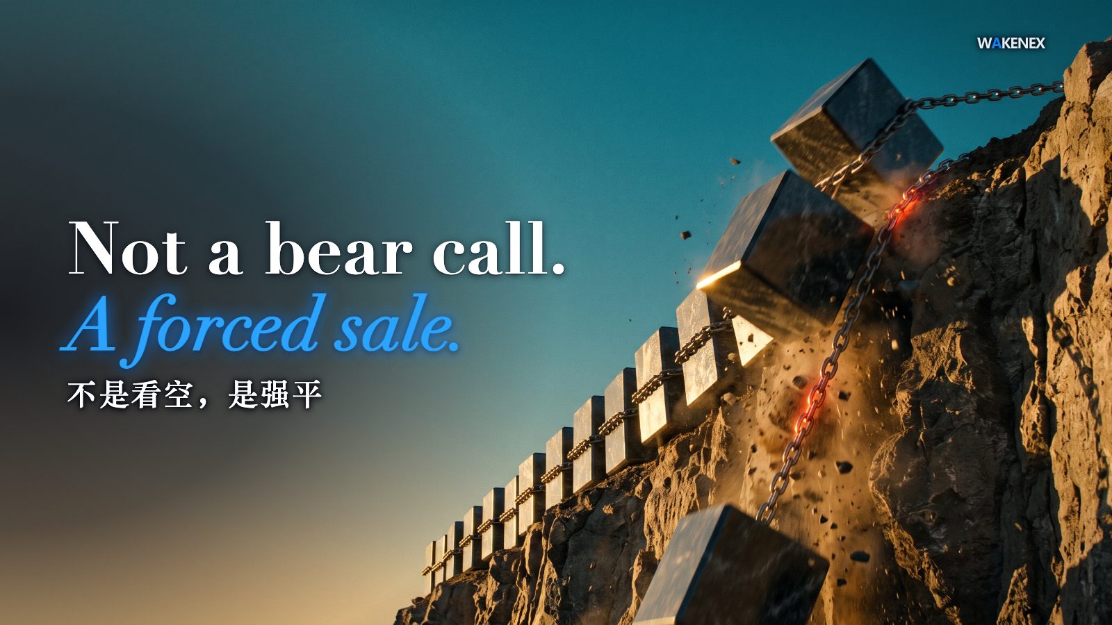 A sunlit cliff edge where a long row of chained stone blocks is being yanked over the brink by the blocks that have already fallen — a forced, self-feeding cascade. Warm golden light against a deep teal sky, with a vivid red-orange glow along the taut chains to signal tension. On-image headline (Chinese): "Not bearish — it's liquidation."
