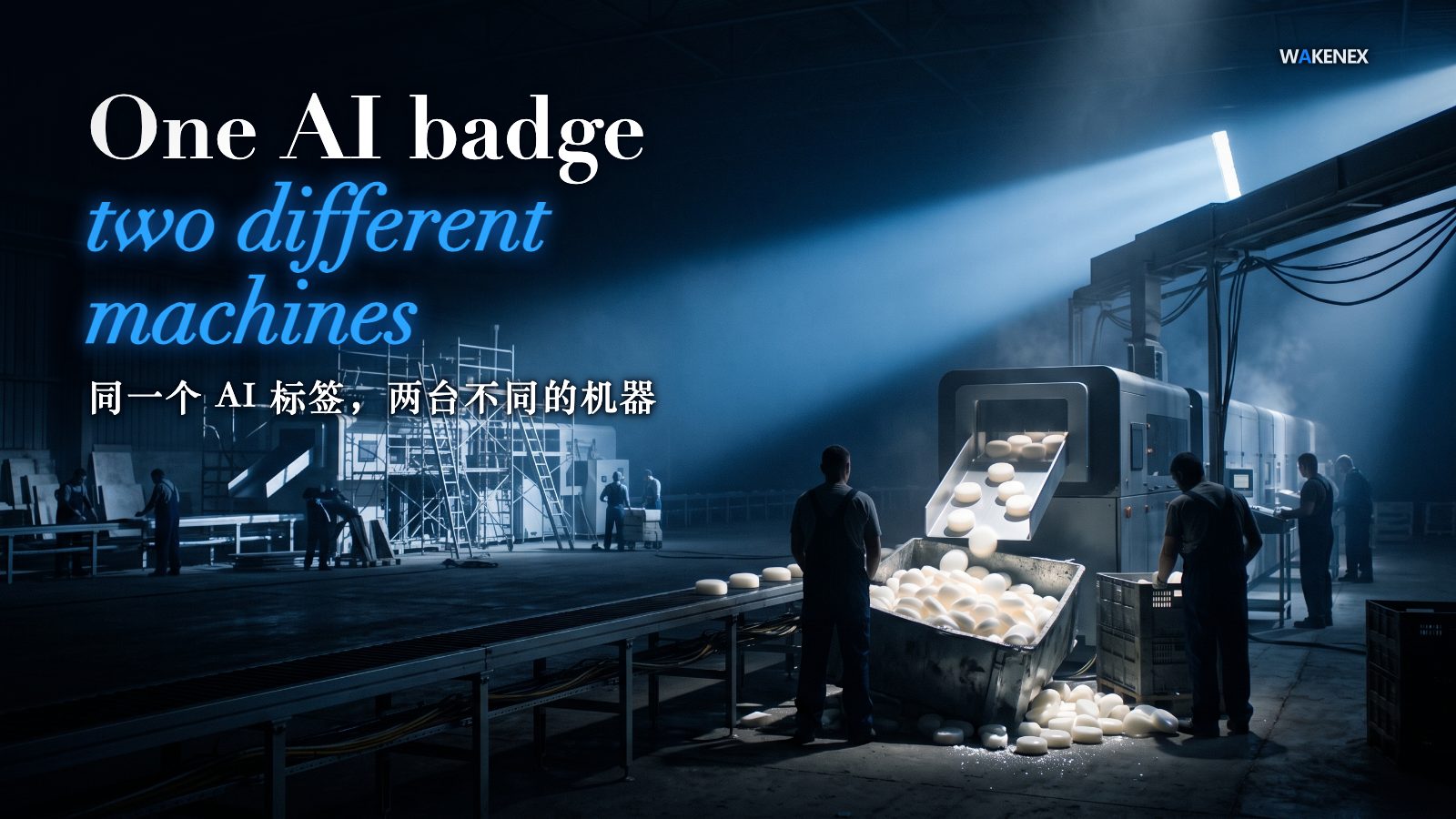 Under one broad beam of blue light, a single production line runs through a dark hall. At the near end a sleek machine steadily drops glowing rounded products into an overflowing bin — output now. At the far end the very same line's twin machine is still half-built and wrapped in scaffolding, being fed raw slabs, its output chute empty — all cost, no yield yet. One beam of light makes two very different operations look like the same machine. Headline: One AI badge, two different machines.